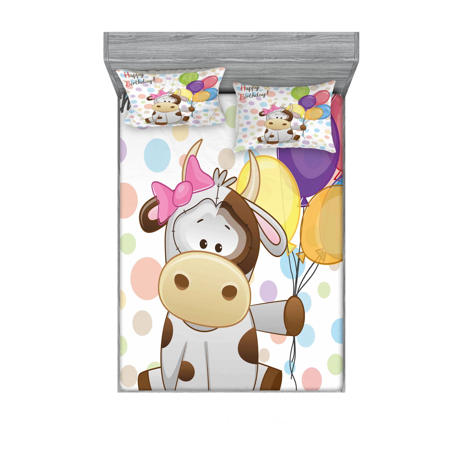Ambesonne 2-Piece Cow & Balloons Birthday Bedding Set - Queen Size Fitted Sheet & Pillow Sham - 4-Piece Decor for Kids Room, Party Decorations - Perfect for Birthday Gifts, Themed Bedrooms & Sleepovers