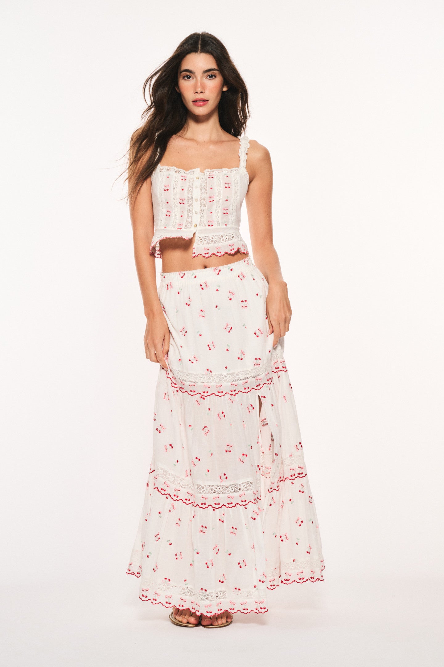 Stylish Cotton Cherry Print Maxi Skirt for Women - Summer Boho Floral Midi Dress for Beach, Vacation & Casual Wear