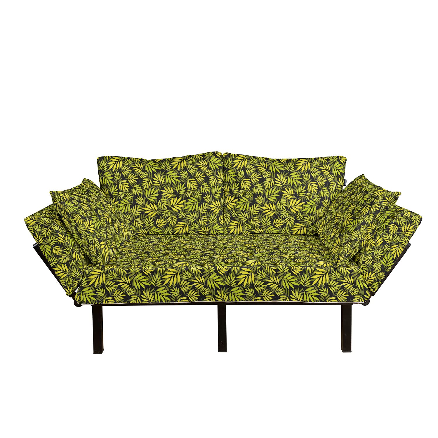 Ambesonne Tropical Leaves Futon Couch - Green & Black Hawaiian Jungle Pattern Daybed with Metal Frame - Perfect for Living Room, Dorm, or Guest Room - Cozy Loveseat for Relaxing & Lounging