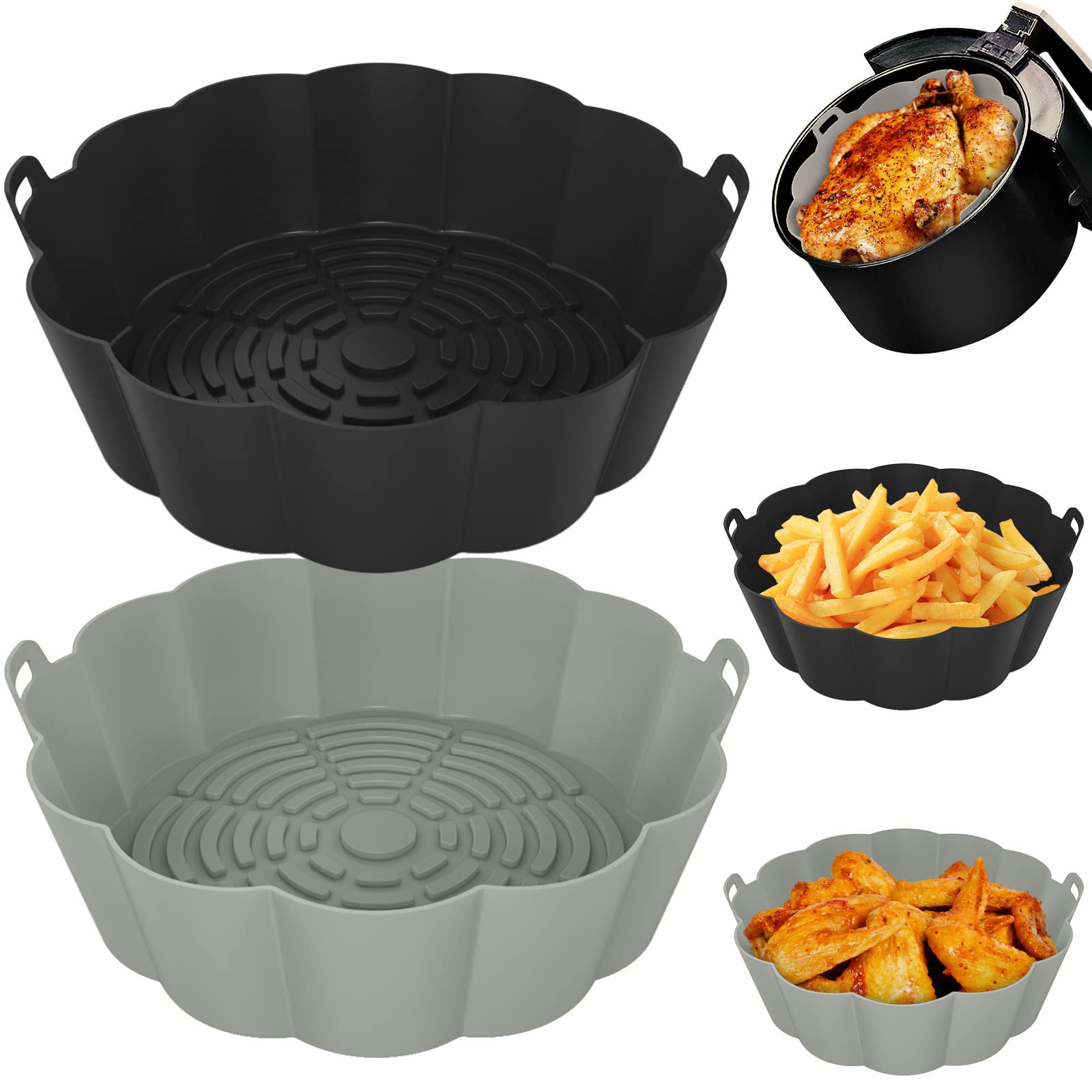 Reusable 2-Pack Air Fryer Silicone Liners - Food Grade, Non-Stick, 8.5 Inch Round Inserts for 5-8 QT Air Fryer Baskets (Black & Grey) - Perfect for Healthy Cooking, Easy Cleanup & Crispy Results