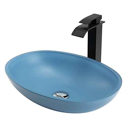 LEFEDA Modern Oval Tempered Glass Bathroom Vessel Sink with Black Faucet & Pop-Up Drain - Artistic Blue Vanity Basin for Countertop Installation - Perfect for Contemporary Home, Hotel, and Spa Bathroom Decor