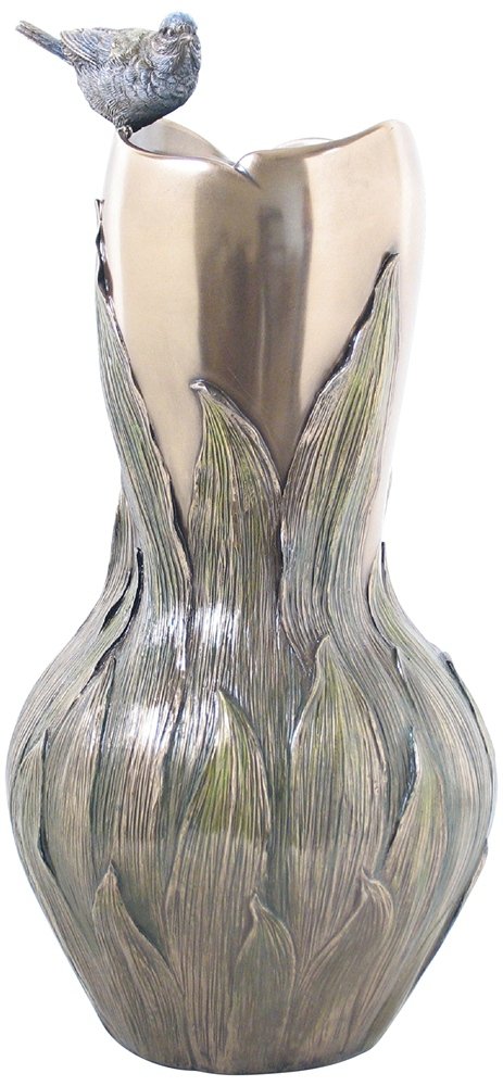 Orchid and Blue Tit Bronze Vase - 13 3/4 Inch Tall Decorative Flower Vase for Home Decor, Wedding Centerpieces & Living Room Accents