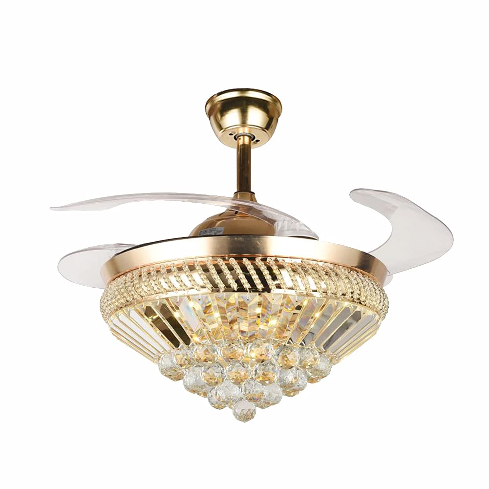 FINE MAKER 42 Inch Modern Crystal Chandelier Ceiling Fan with LED Lights - Gold Retractable Blades, 3 Speed Settings & 3 Color Temperatures for Living Room, Dining Room, Bedroom | Elegant Home Lighting & Cooling Solution