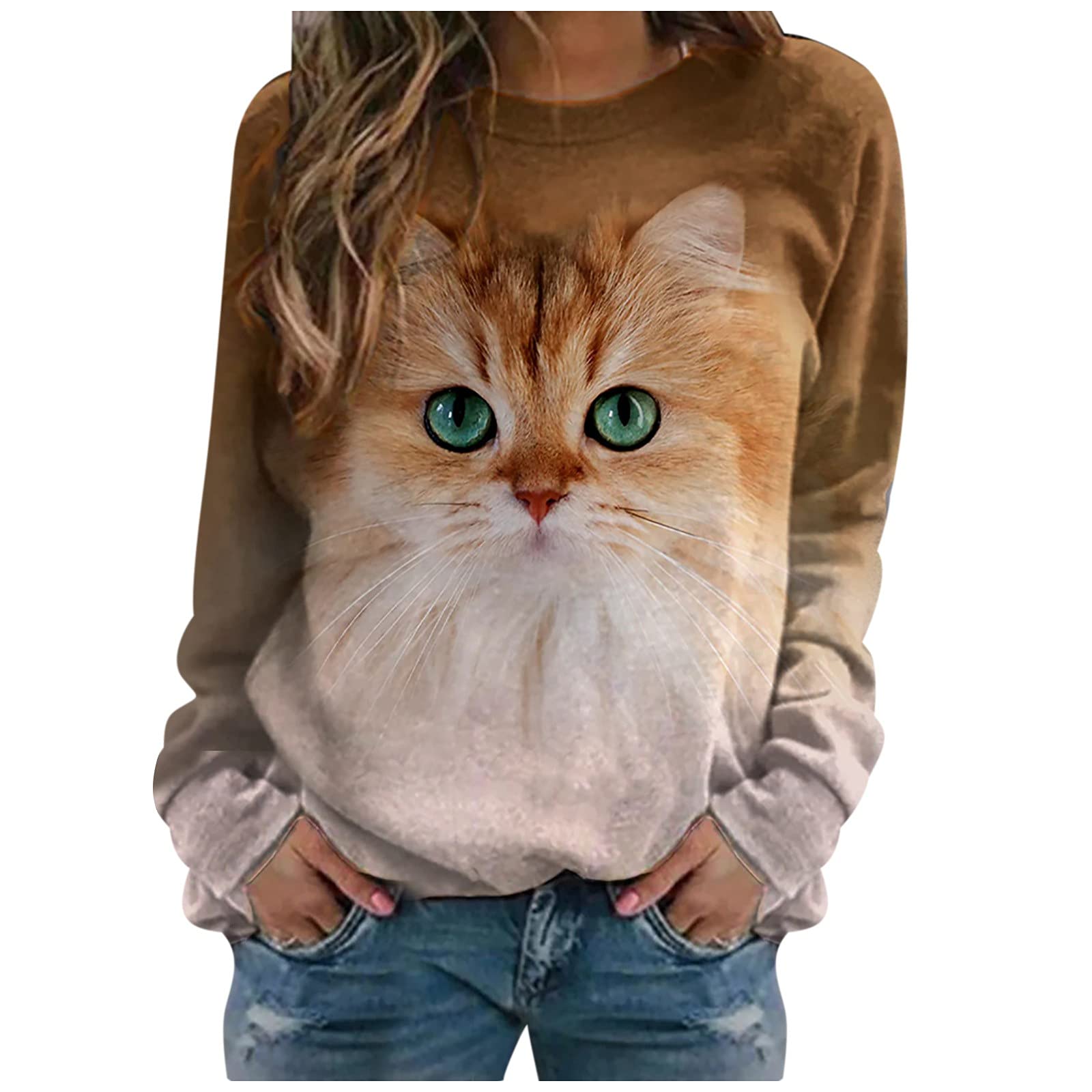 RFALIJEAE Women's Cute Cat Print Sweatshirt - Long Sleeve Crew Neck Pullover Tunic Top for Casual Wear | Perfect for Fall Outfits, Lounge Wear & Coffee Dates