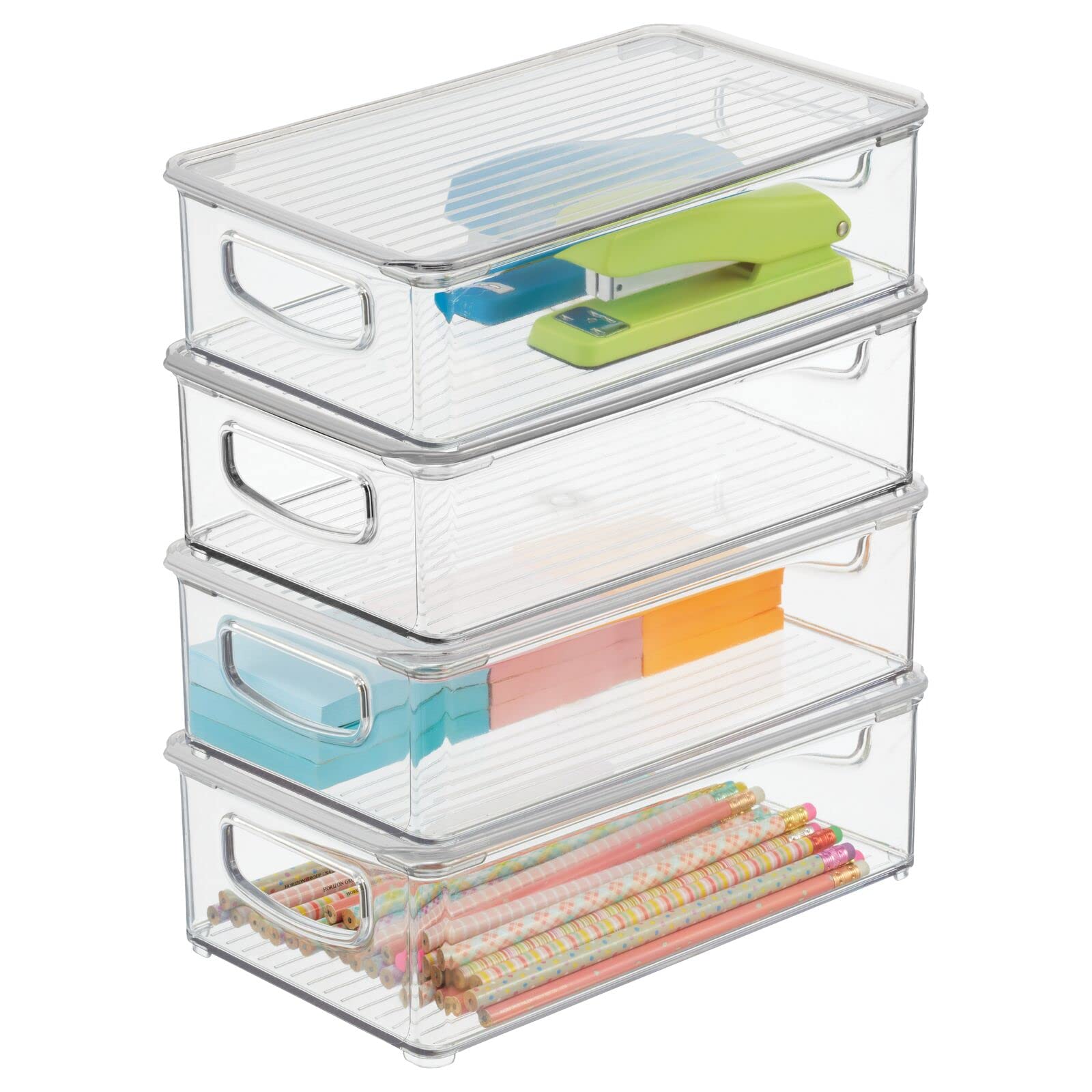 mDesign Plastic Storage Bin Box with Lid & Built-in Handles - 4 Pack Clear Organizer for Office Supplies, Pens, Pencils - Perfect for Home Office, Desk, Cabinet Organization - Ligne Collection Storage Containers