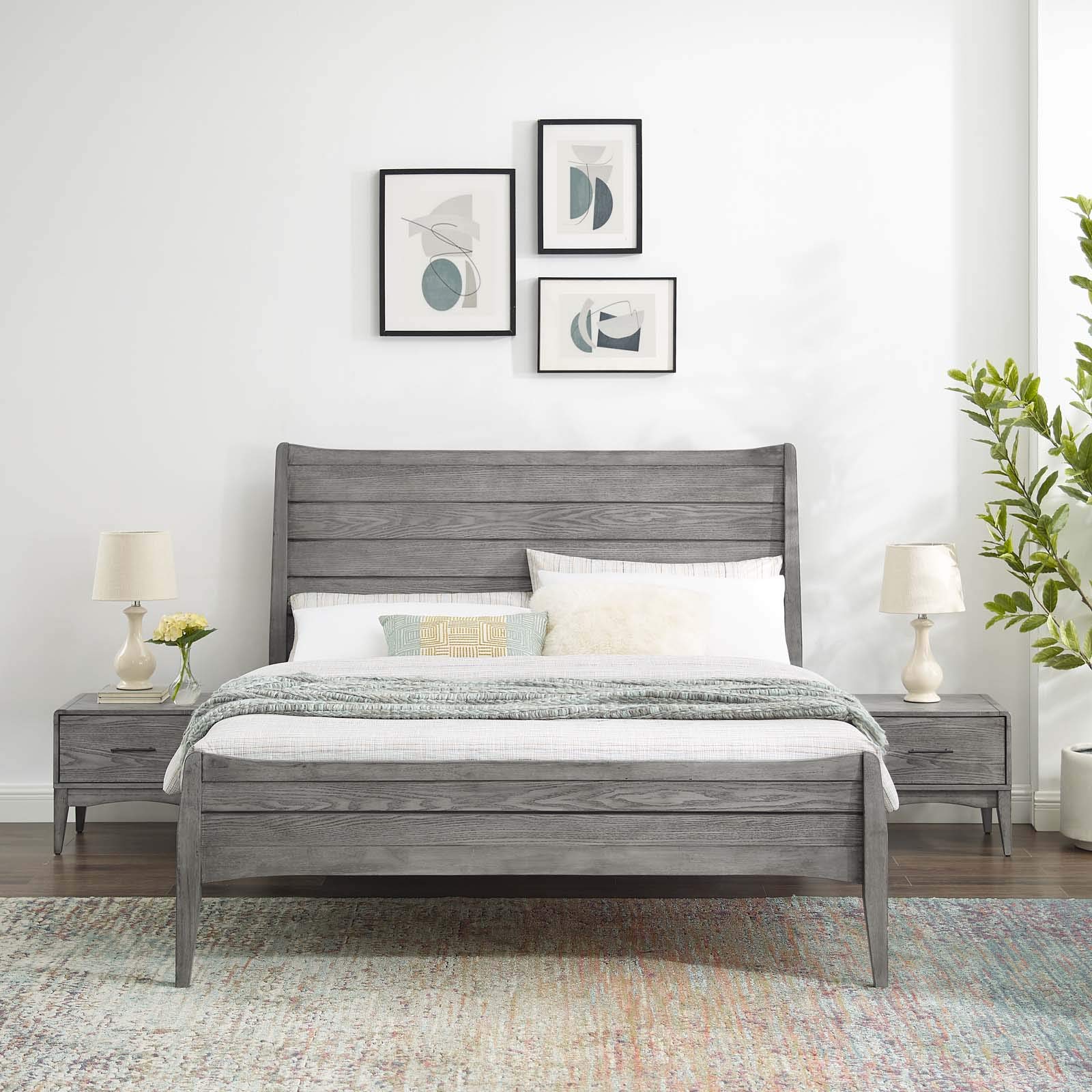 Modway MOD-6724-GRY-SET 3-Piece Gray Wooden King Size Bedroom Set with Platform Bed & Nightstands - Modern Bedroom Furniture for Master Suite & Guest Rooms