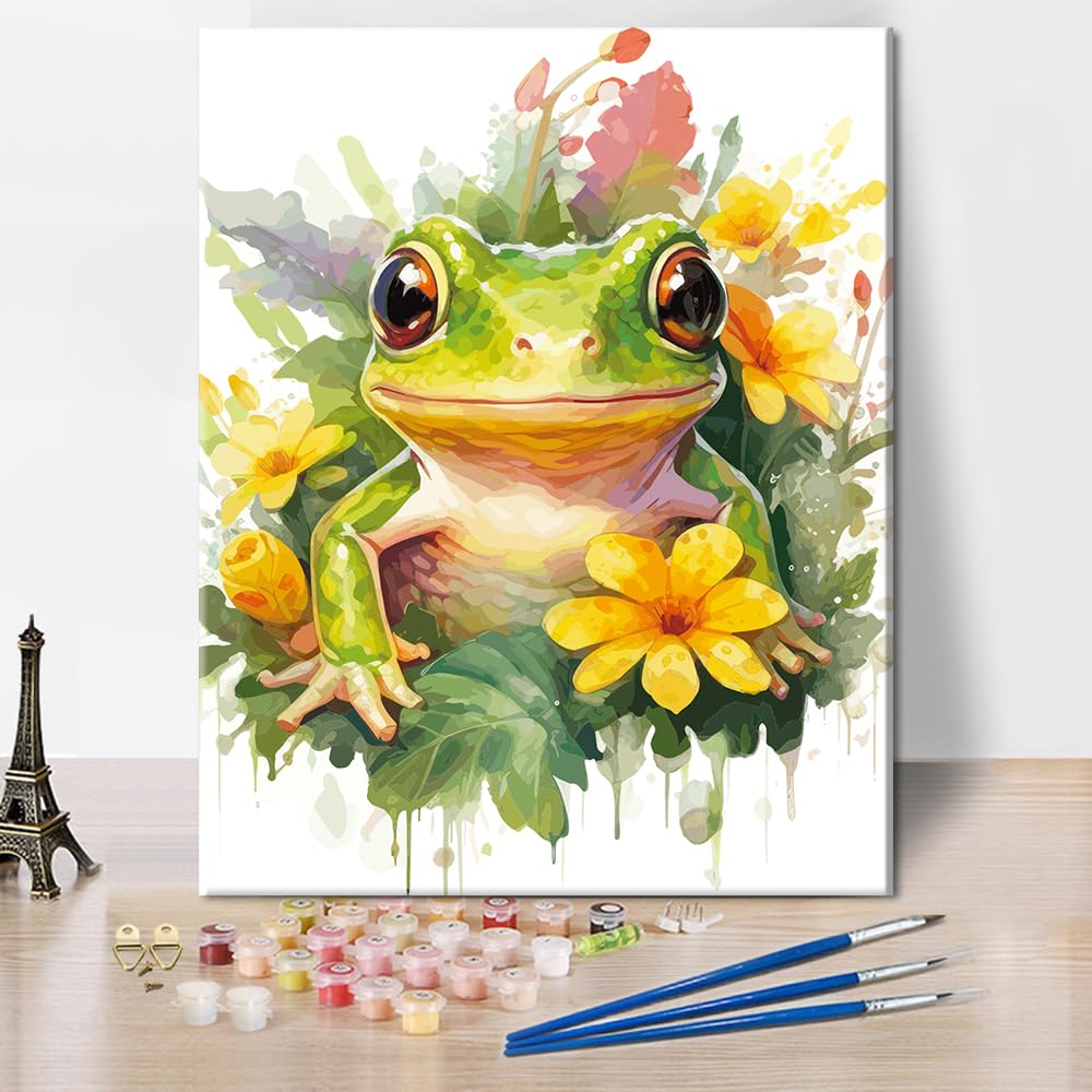 TUMOVO Paint by Numbers Kit for Adults & Beginners - Cute Frog with Flowers Acrylic Painting on 16x20 Inch Canvas | DIY Art Therapy, Home Decor, Gift Idea