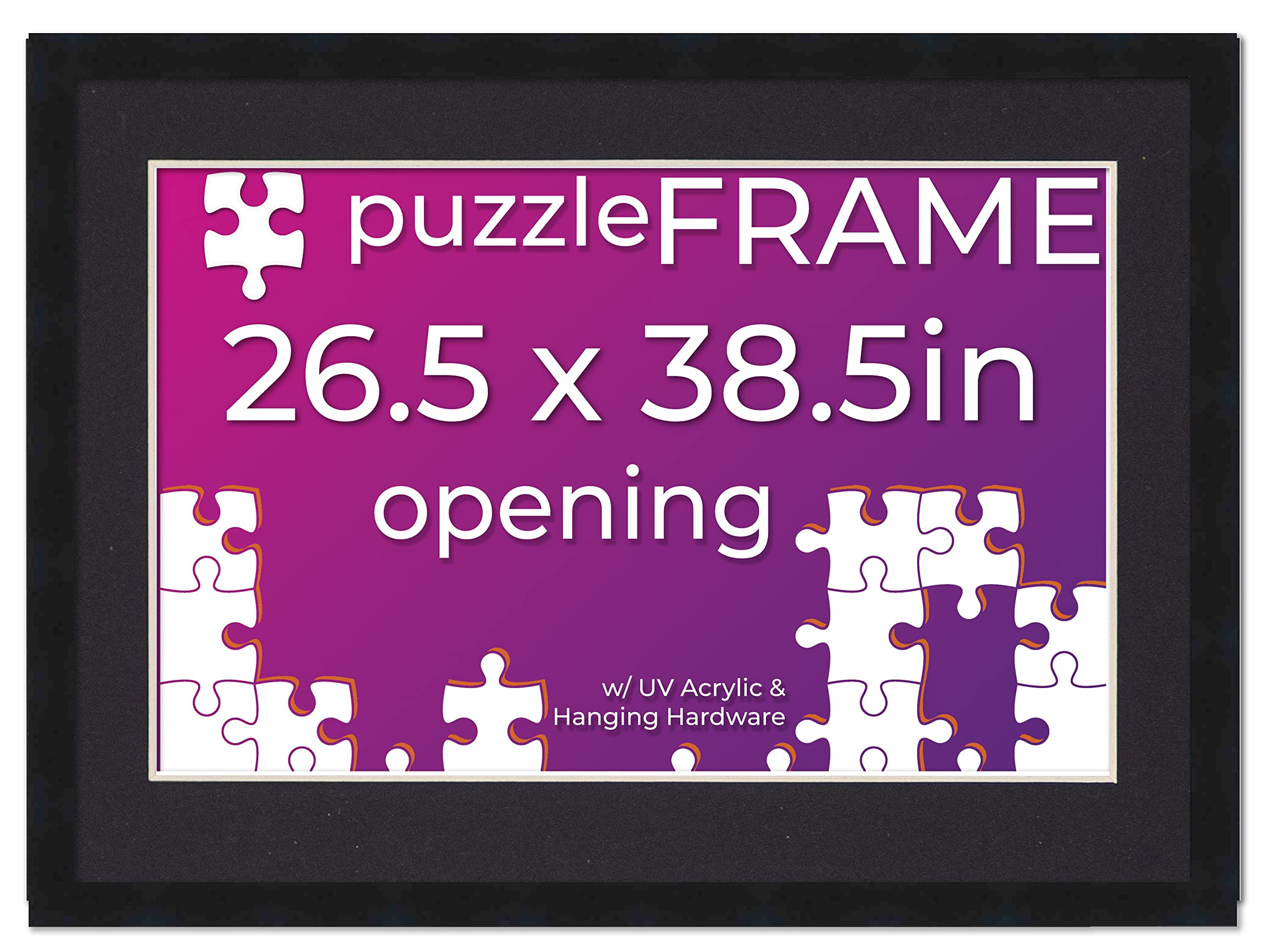 Premium 26.5x38.5 Inch Jigsaw Puzzle Frame Kit - Includes Puzzle Glue Sheets, Black Wood Frame with Mat, UV Protective Acrylic & Hanging Hardware - Perfect for Displaying 1000-Piece Puzzles in Living Rooms, Offices or Gifts