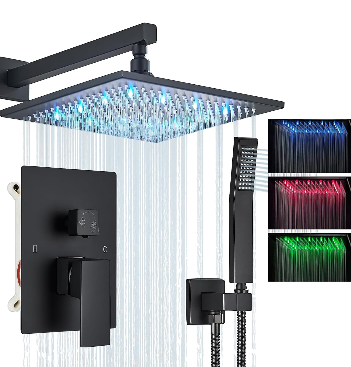 Suguword Black Matte 8 Inch LED Rainfall Shower Head Set with Hand Sprayer - 2-Function Wall Mount Shower System with Diverter Valve Kit | Perfect for Modern Bathrooms, Spa-Like Experience, Water Saving & Luxury Home Upgrade