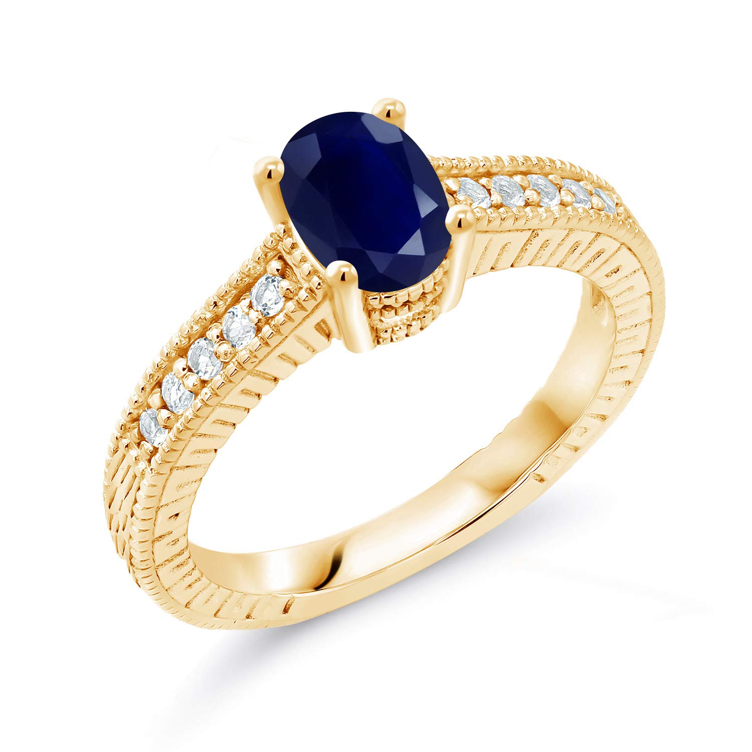 1.20 Ct Oval Blue Sapphire & White Topaz 18K Yellow Gold Plated Silver Ring for Women - Elegant Birthstone Jewelry for Engagement, Anniversary & Special Occasions