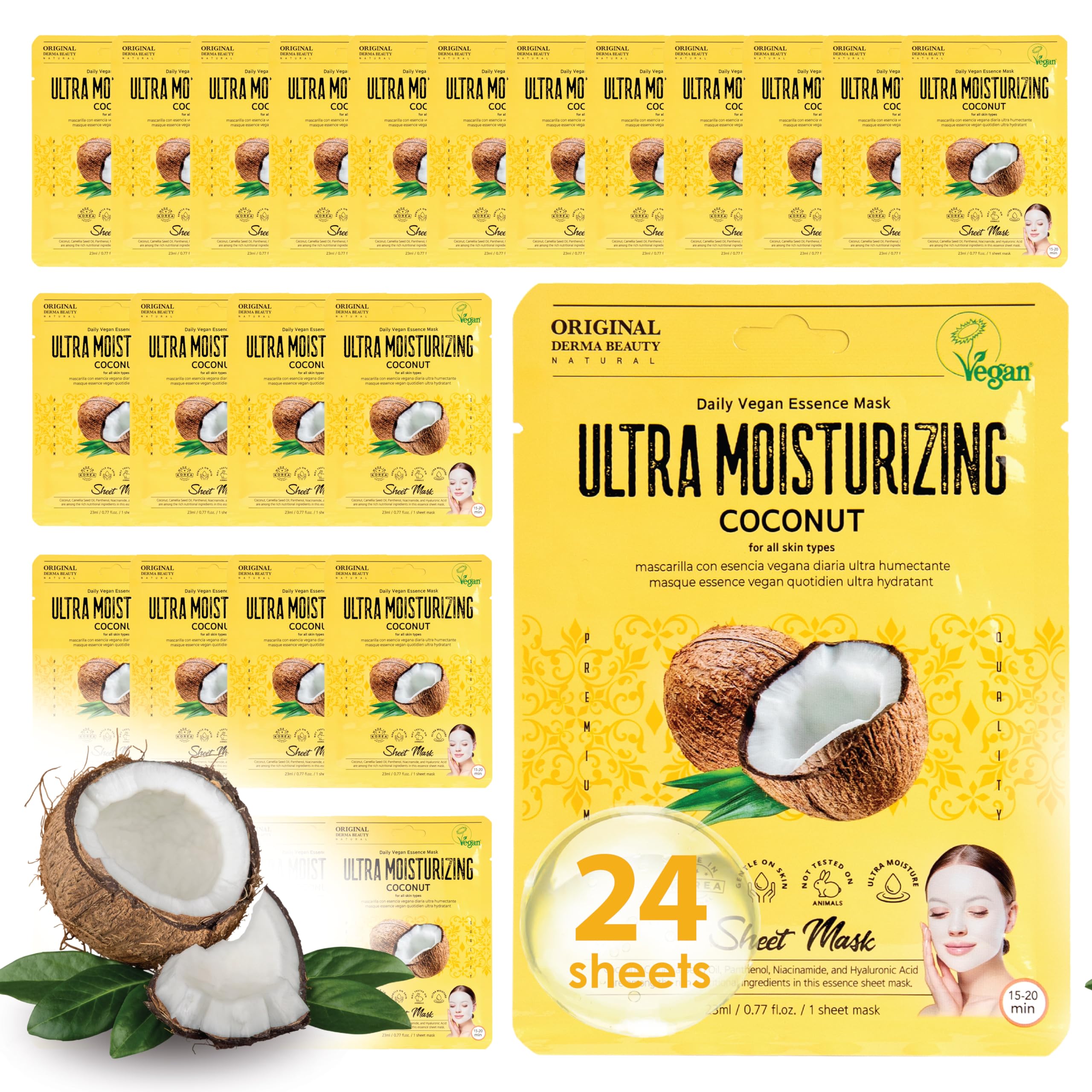 Vegan Collagen Face Masks 24pk - Ultra Moisturizing Coconut Sheet Masks for Glowing Skin | Korean Skincare & Spa Day