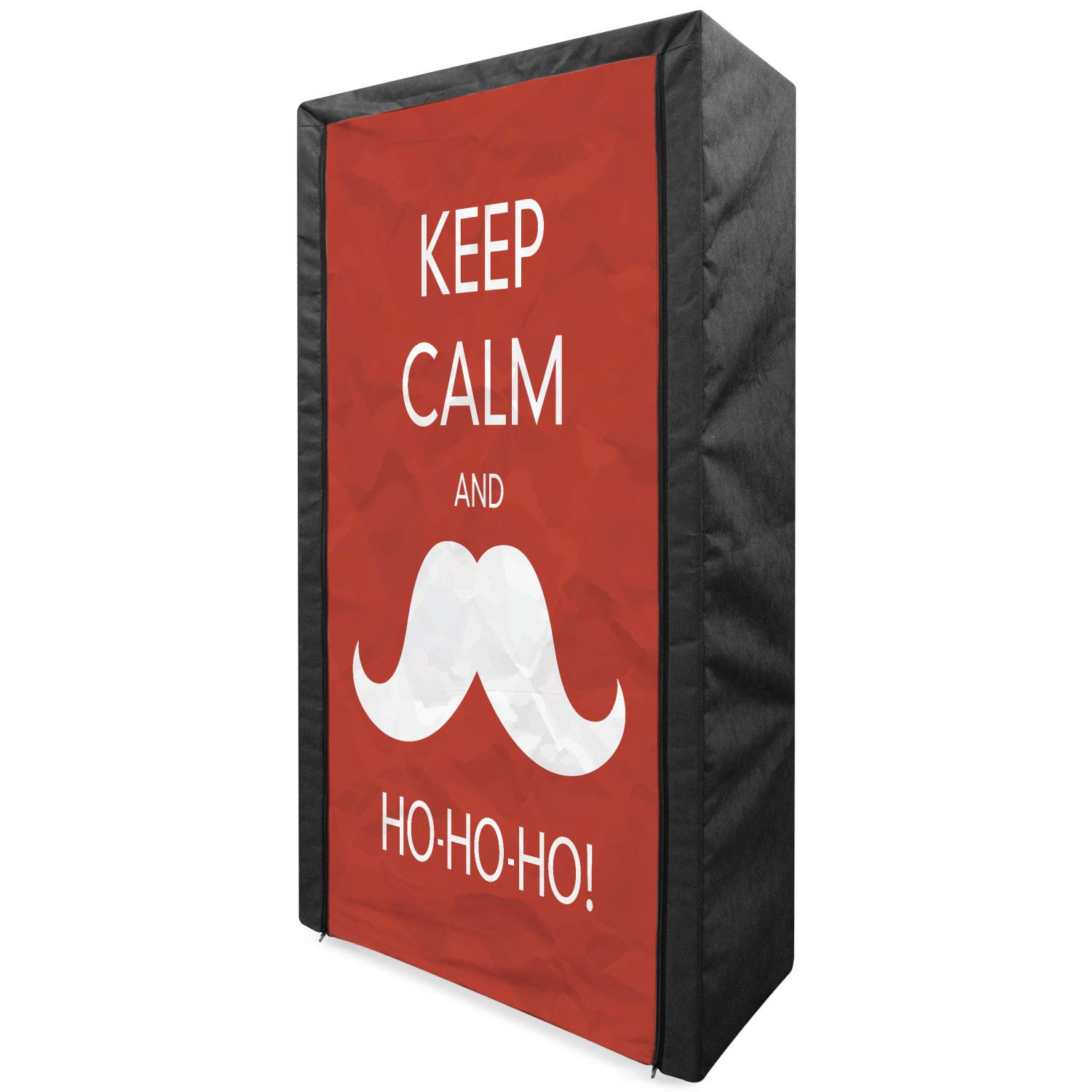 Ambesonne Portable Fabric Wardrobe with Shelves - 33.5 Inch Red Coconut Christmas Design (Santa Mustache & Feliz Navidad) - Space Saving Closet Organizer for Bedroom, Dorm, or Apartment Storage