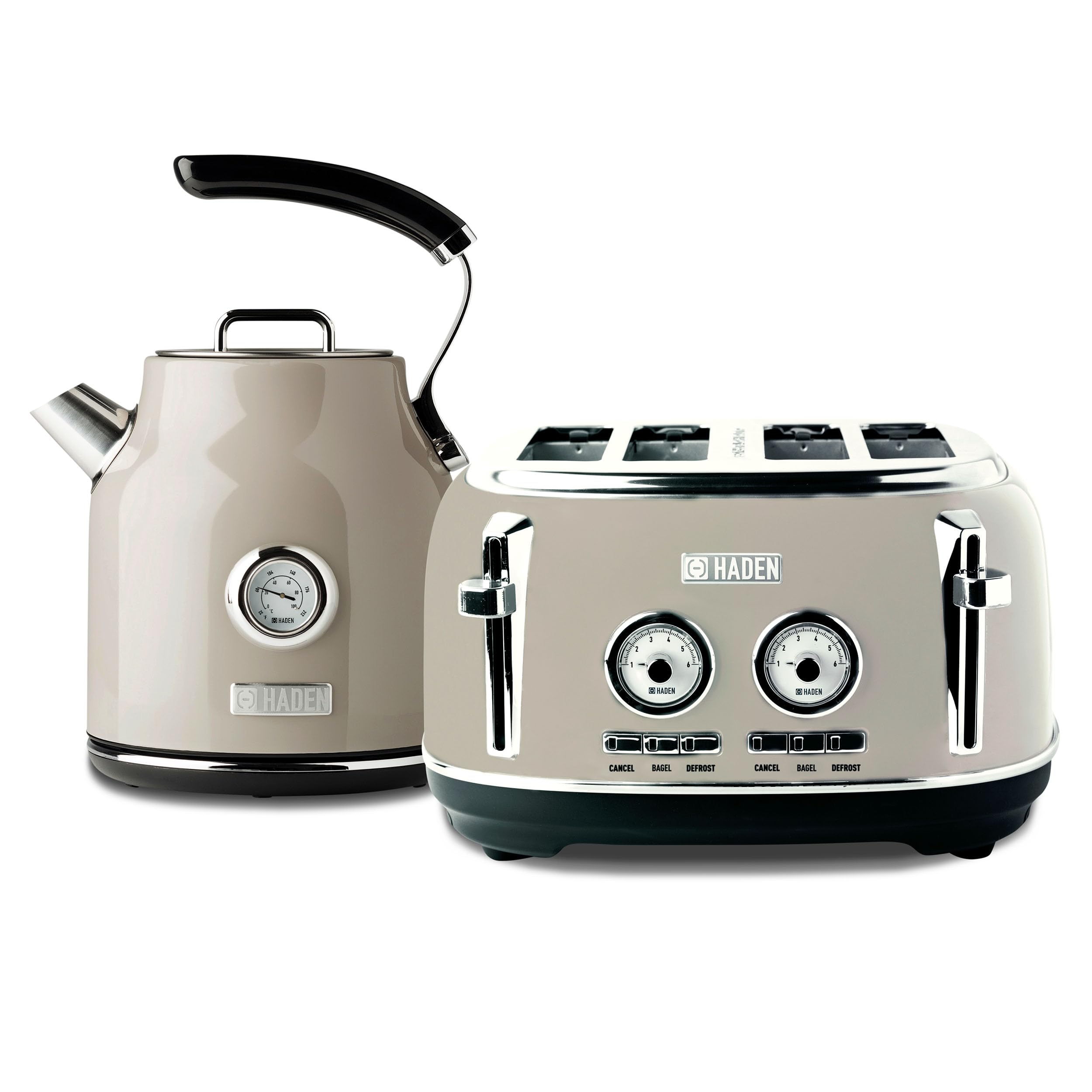 Haden Dorset 4-Slice Wide Slot Stainless Steel Toaster with 1.7L Electric Kettle Set - 360° Swivel Base, Putty & Chrome Finish - Perfect for Breakfast, Kitchen, Dorm & Office Use