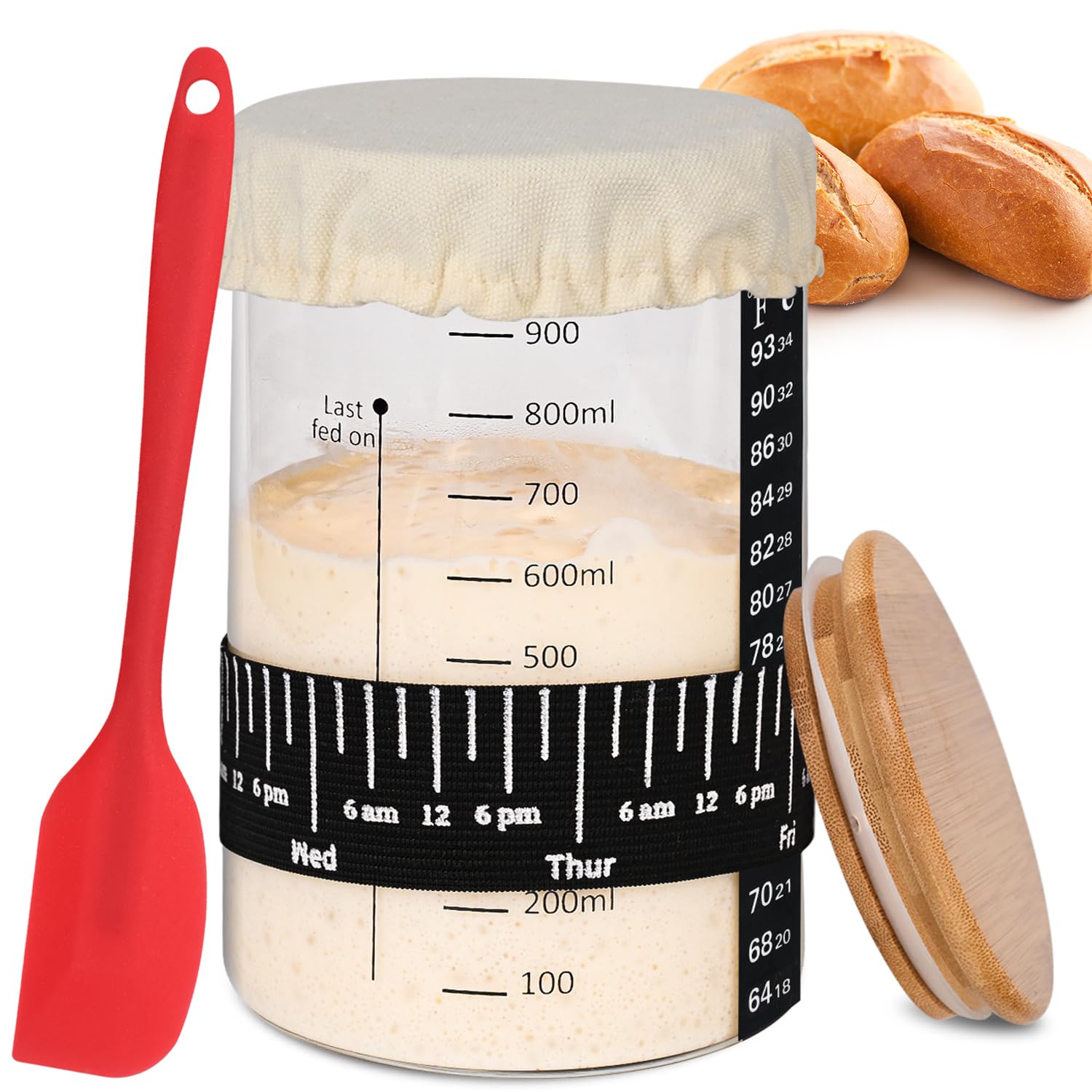 Premium Sourdough Starter Kit - 35oz Glass Jar with Date Marked Feeding Band, Thermometer, Spatula & Cloth Cover - Perfect for Homemade Sourdough Bread Baking - Ideal for Beginners & Bakers - Great Gift for Bread Lovers