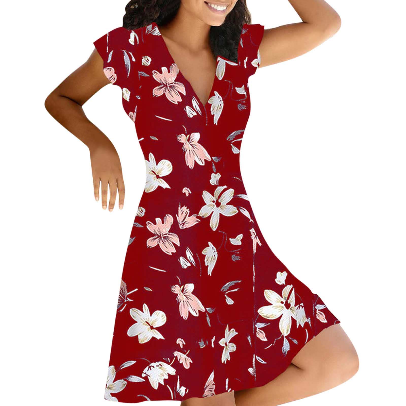 DGTVVR Women's Floral Print Midi Dress - Summer Boho Wedding Guest Dress with Scoop Neck & Short Sleeves | Perfect for Garden Parties, Beach Vacations & Casual Outings