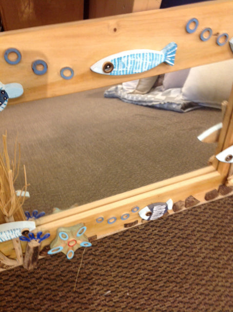 18x23 Inch Wooden Fish Wall Mirror - Handcrafted Home Decor for Bathroom, Bedroom & Entryway - Rustic Coastal Style Accent Mirror