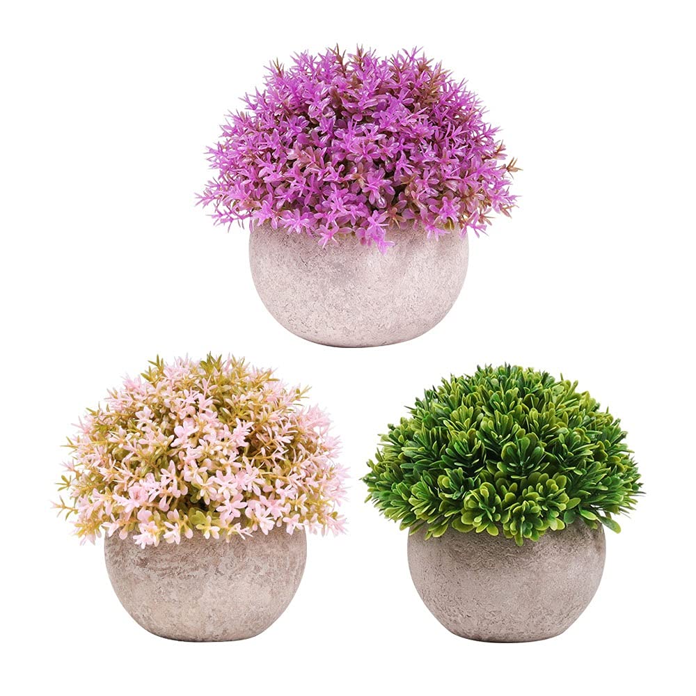 3-Piece Artificial Flower Pots Set - Green Plants, Decorative Potted Shrubs in Pink, Lotus & Army Green | Perfect for Home, Office, Bathroom & Bedroom Decor | Indoor Plant Decorations for Living Room, Desk & Shelf Display