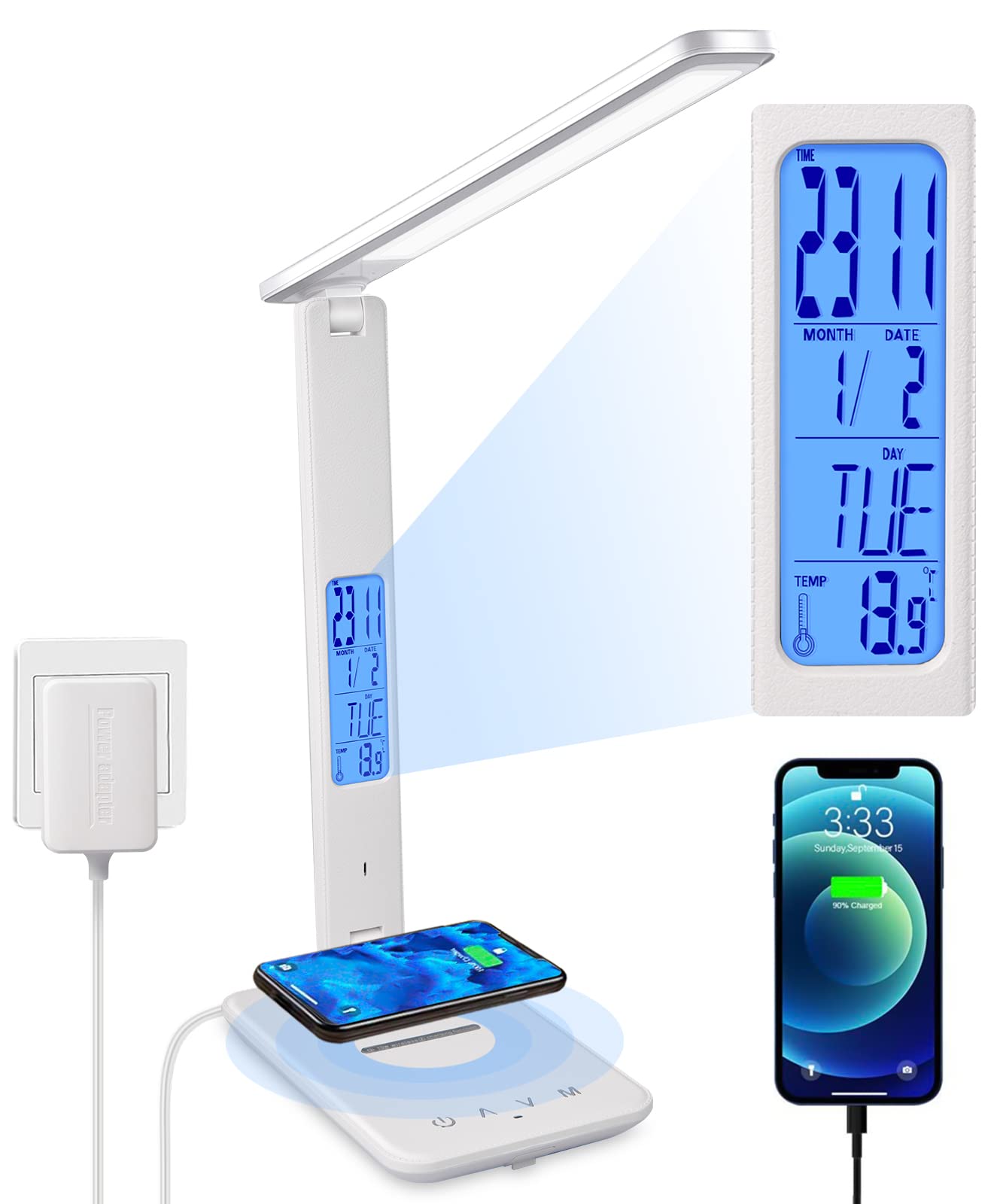 LED Desk Lamp with Wireless Charger & USB Port - Dimmable Office/Home Study Light with Built-in Clock, Calendar, Thermometer & Timer - Perfect for Reading, Working & Nightstand Use