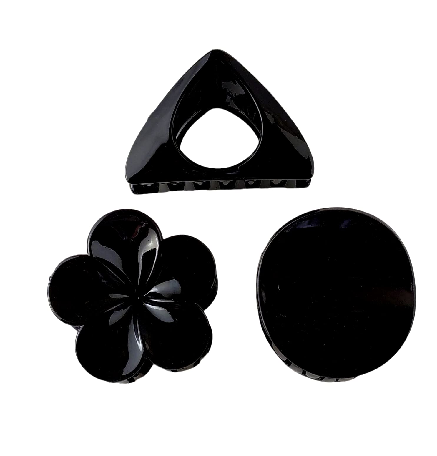 3-Pack Black Flower Round & Triangle Claw Hair Clips for Women - Large Rectangle Hair Styling Clips for Thick Hair, Ponytails & Updos - Perfect for Work, Parties & Everyday Use