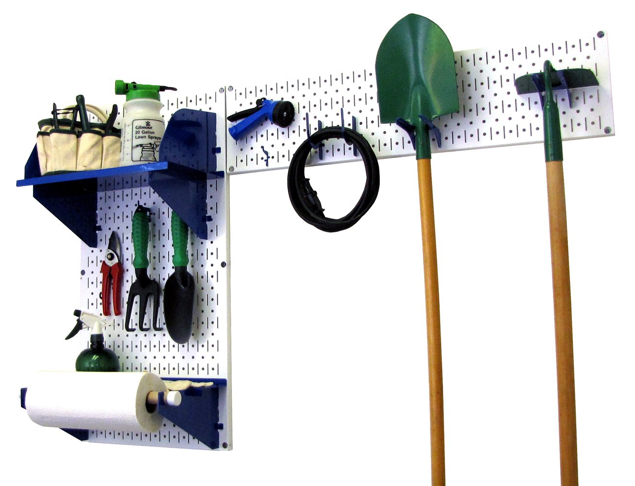 Wall Control Pegboard Garden Supplies Storage Organizer Kit - White Pegboard with Blue Hooks & Accessories for Garden Tools, DIY Workshop, Garage & Shed Organization