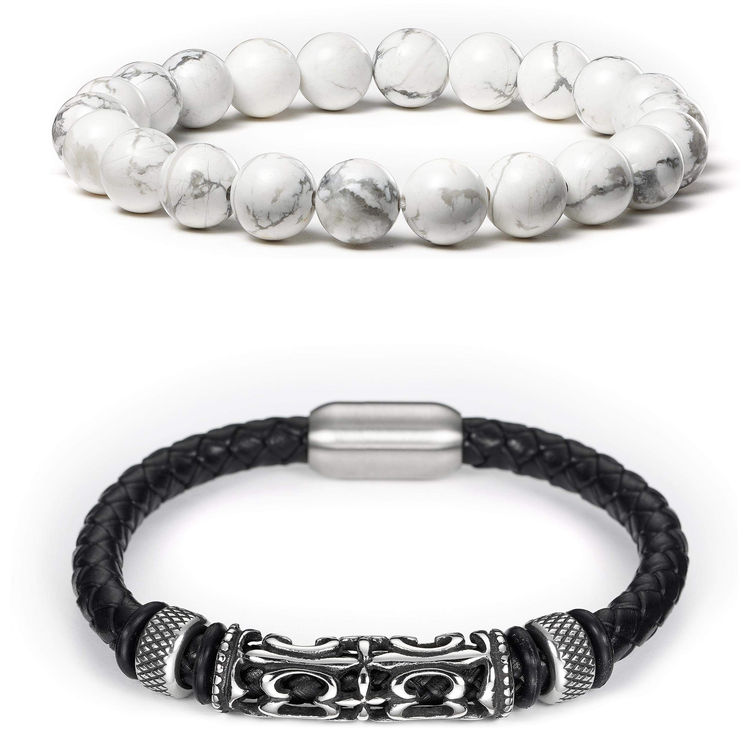 BINLUN 2Pcs Men's Black Braided Leather Bracelet with Magnetic Clasp & White Turquoise Healing Beads - Woven Leather Bracelet Set for Men, Gift for Boyfriend, Father, Husband - Perfect for Casual Wear, Daily Outfits, Yoga, Meditation