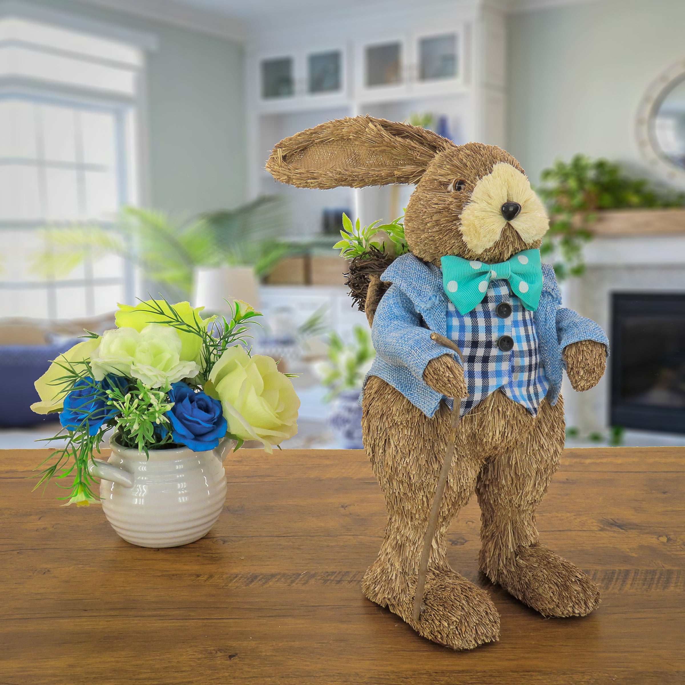 10 Inch Blue Coat Male Bunny Figurine - Easter Table Decoration, Spring Home Decor, Party Centerpiece for Holiday Celebrations