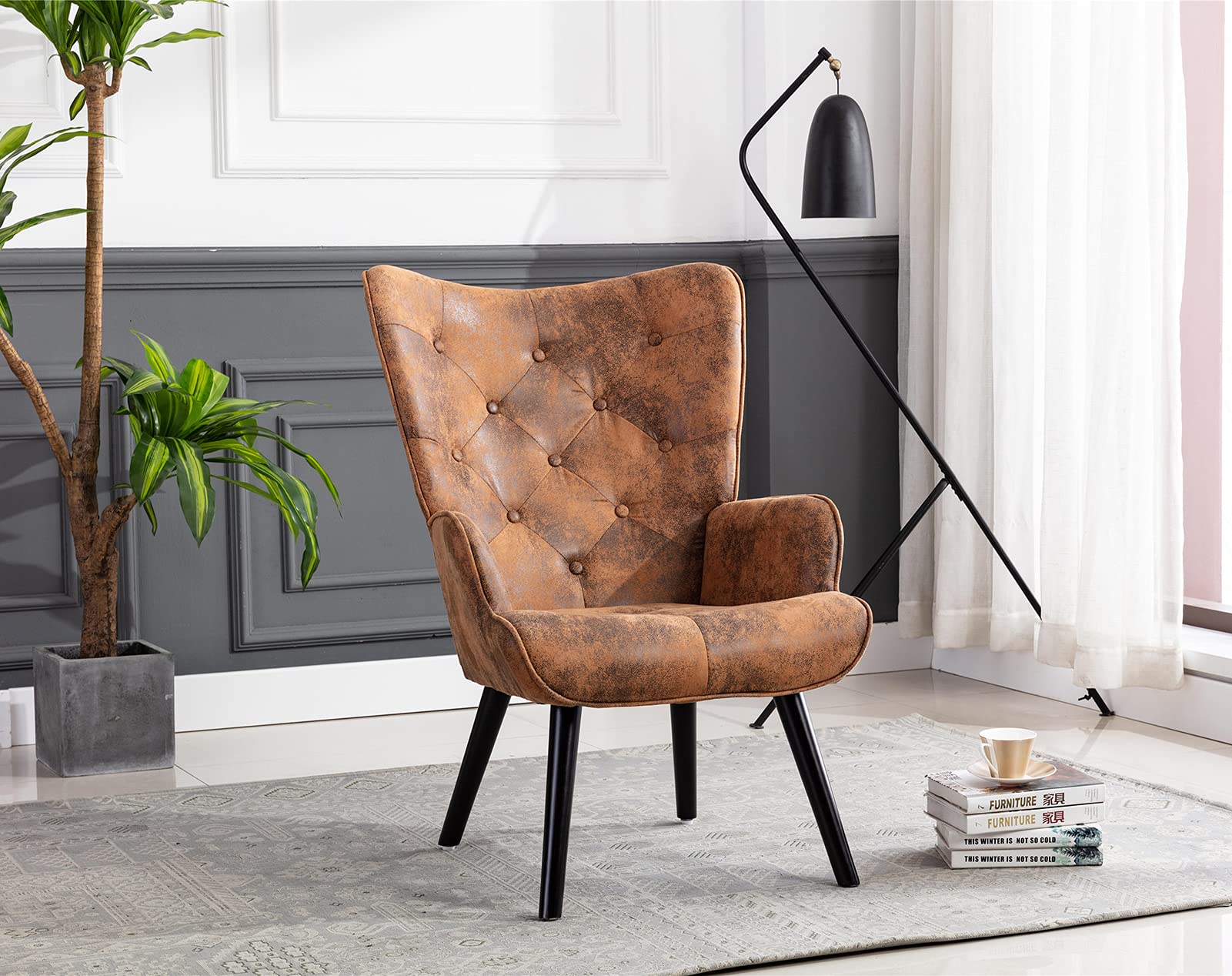 Modern Accent Chair - High Back Upholstered Lounge Chair for Living Room & Bedroom, Compact Comfortable Leisure Side Chair (Coffee Brown) - Perfect for Reading Nook, Office or Small Space Decor