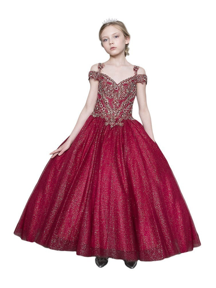 Burgundy Rhinestone Glitter Tulle Pageant Ball Gown for Girls Size 8-16 | Sparkly Party Dress for Pageants, Prom, Quinceañera & Special Occasions
