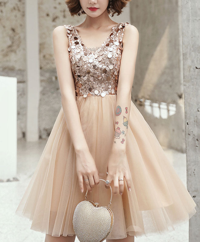 Champagne V-Neck Tulle Sequin Short Prom Dress for Women - Sparkly Homecoming Party Dress for Teen Girls - Perfect for Prom Night, Homecoming Dance & Special Occasions