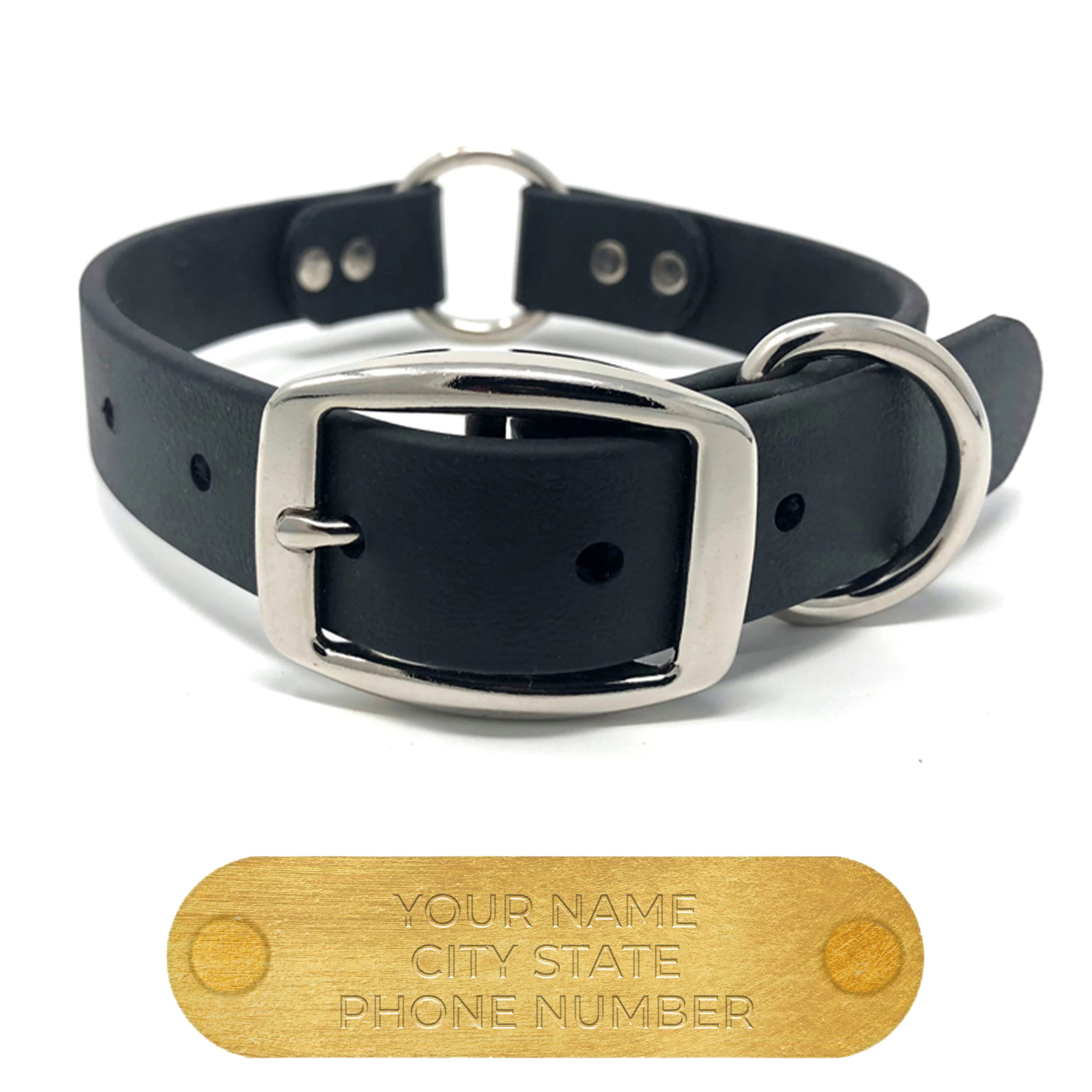 **Custom Engraved Biothane Dog Collar - Small Black Waterproof & Durable Pet Collar with Name Plate, Double Buckle & Center Ring - Perfect for Outdoor Adventures, Training & Daily Walks**