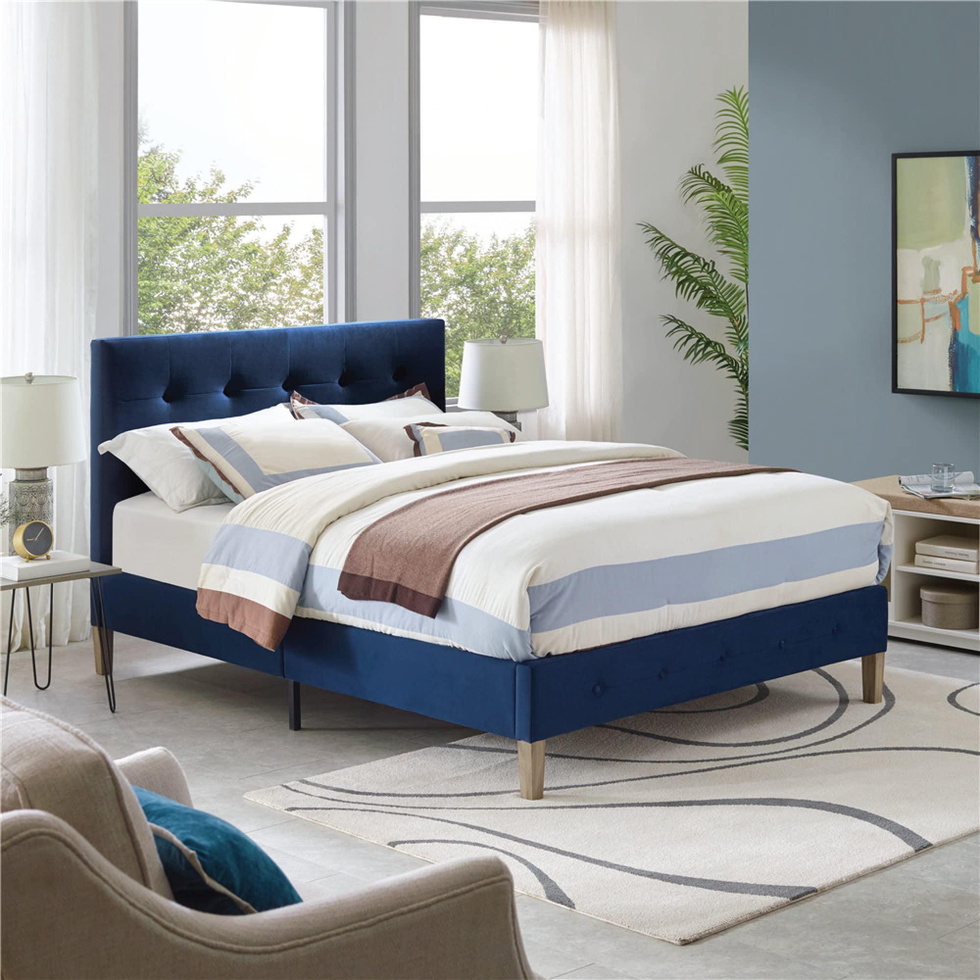 Classic Brands Seattle Modern Tufted Upholstered Platform Bed with Headboard - Full Size Wooden Frame & Slat Support in Antonio Sapphire Blue | Perfect for Contemporary Bedrooms & Guest Rooms