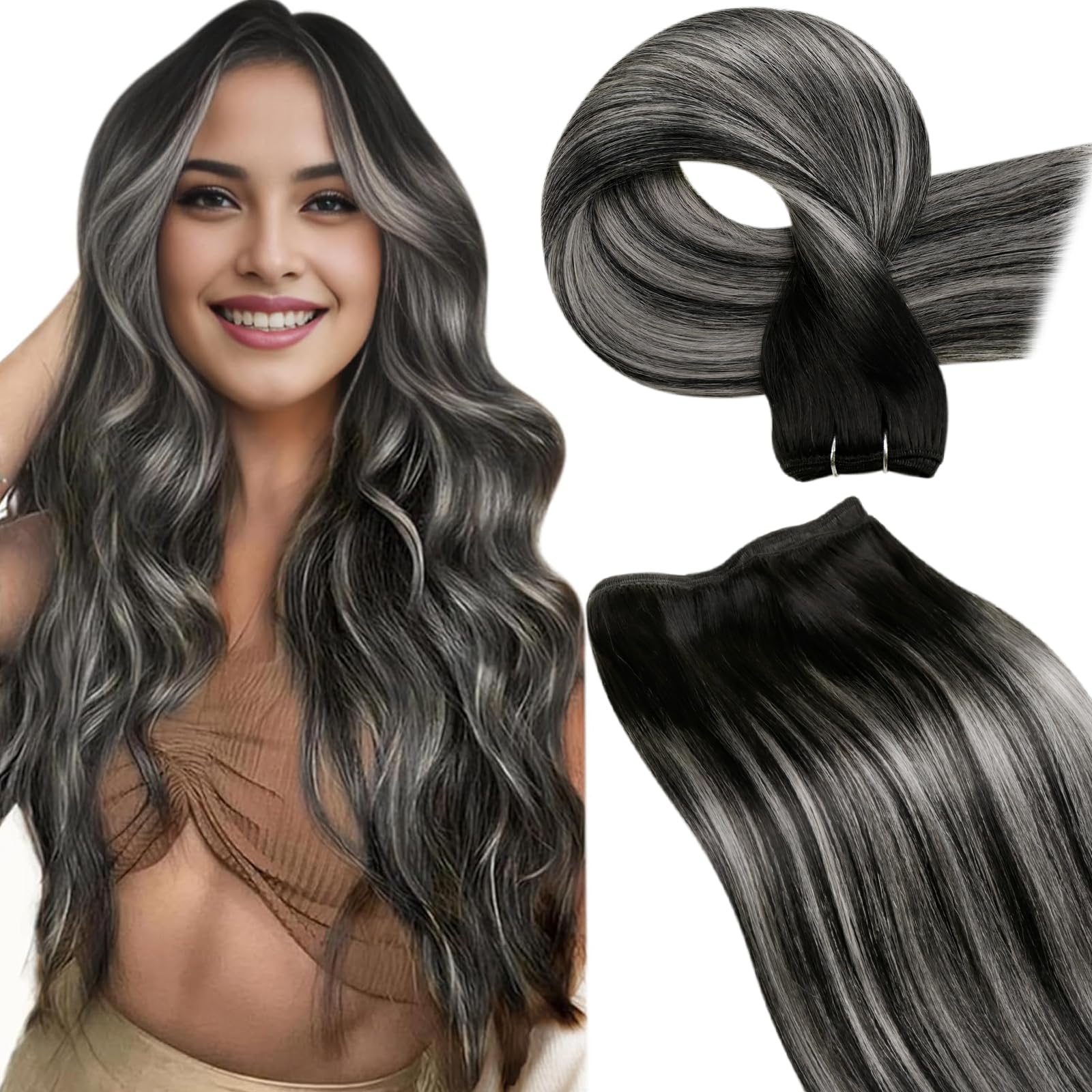 LaaVoo 24 Inch Black Ombre to Silver Grey Human Hair Weft Extensions 100g - Sew in Natural Hair Extensions for Styling & Volume - Perfect for Parties, Weddings & Everyday Wear