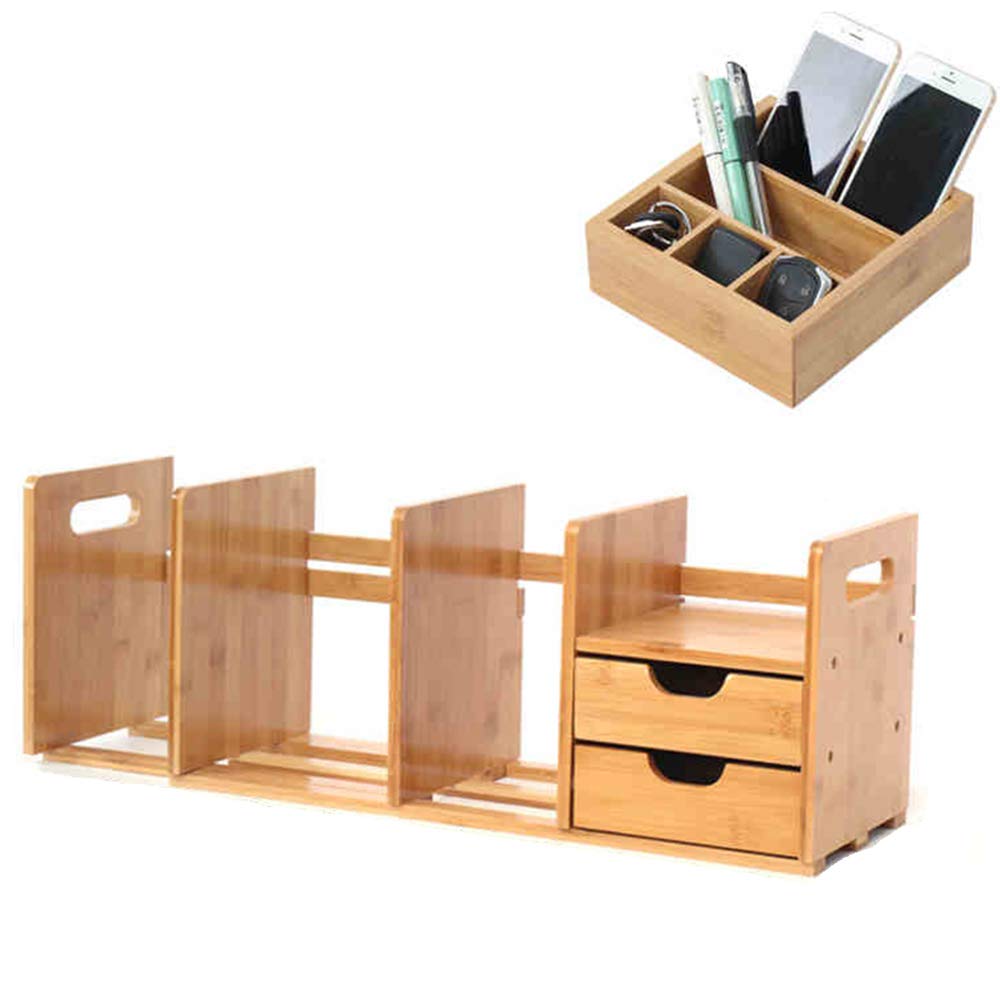 Expandable Adjustable Bamboo Bookshelf with Storage Drawers - Wooden Desktop Organizer for Office, Home & Dorm | Space-Saving Shelving Solution for Books, Decor & Supplies