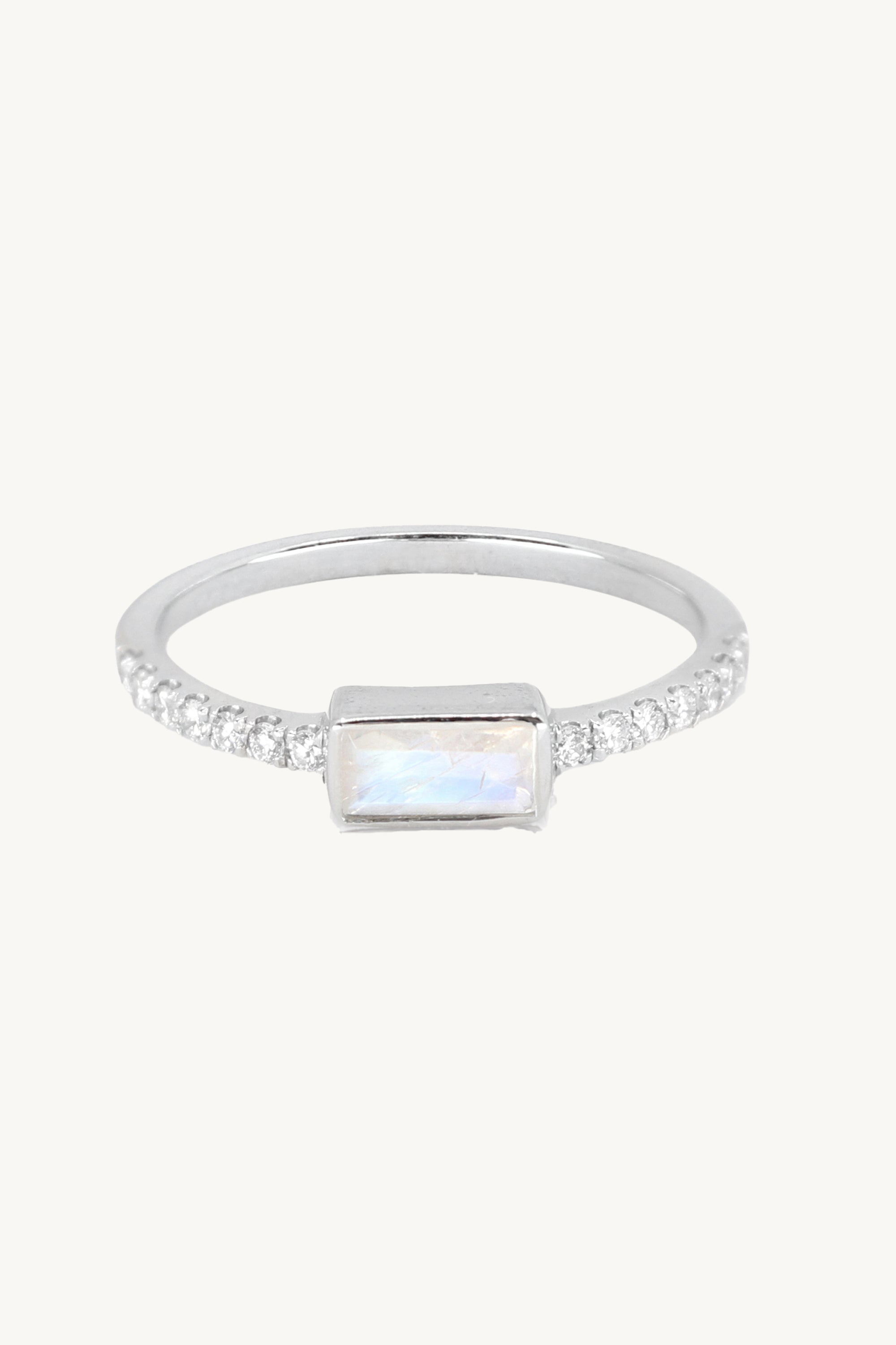 White Gold Moonstone and Diamond Wedding Band – Elegant Stackable Ring for Women, Perfect for Engagement, Anniversary, or Everyday Wear