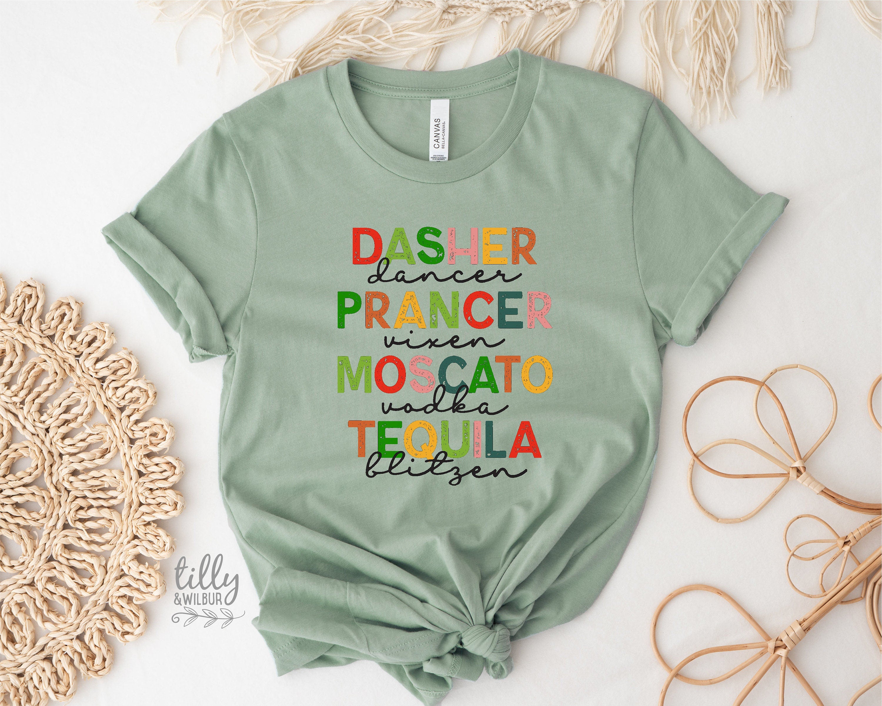 Dasher Dancer Prancer Vixen Moscato Vodka Tequila Blitzen Christmas T-Shirt - Funny Holiday Party Shirt for Christmas Celebrations, Family Gatherings & Ugly Sweater Parties