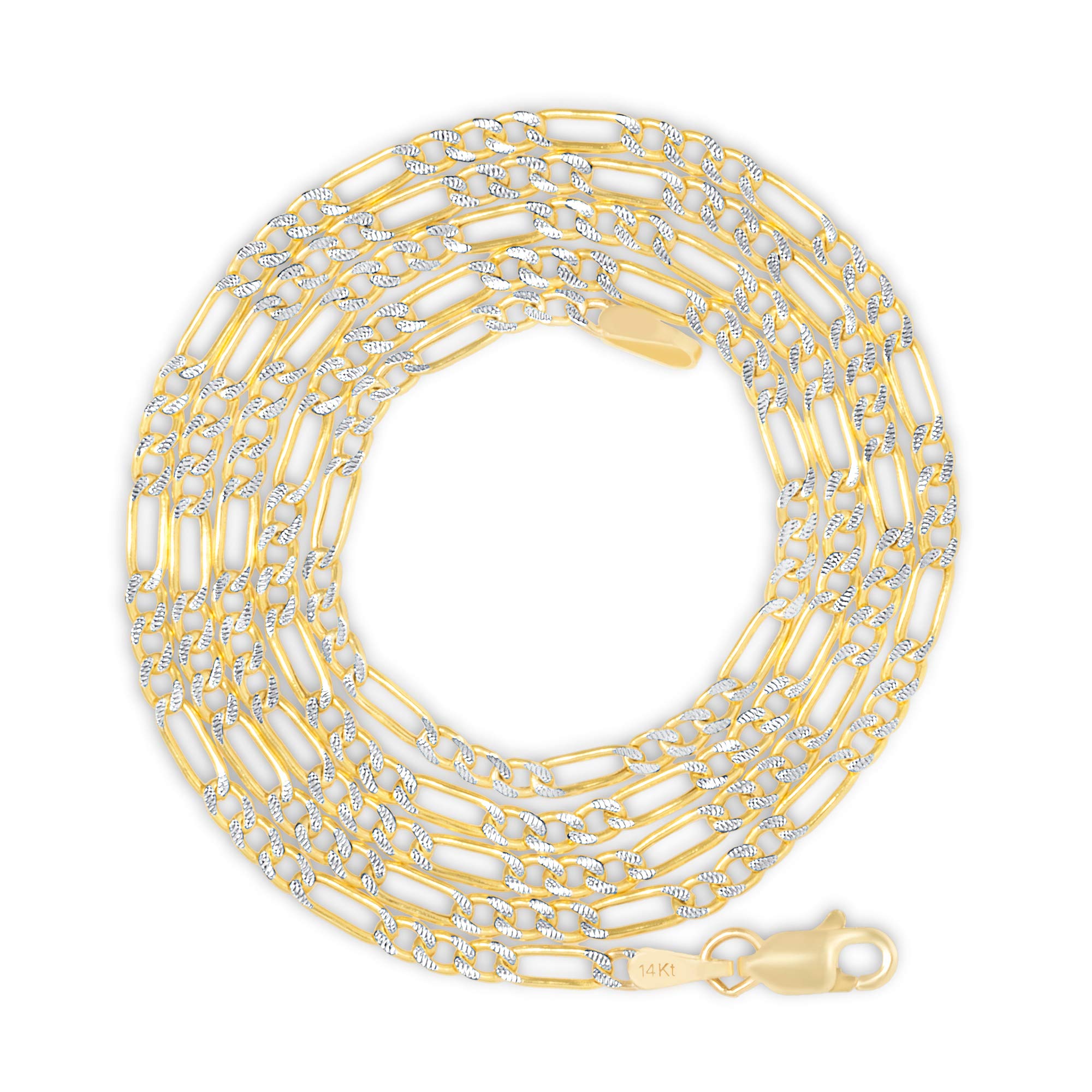 14K Real Yellow Gold Figaro Link Chain Necklace for Men & Women - 2.5mm Diamond Cut Pave Italian Jewelry (16