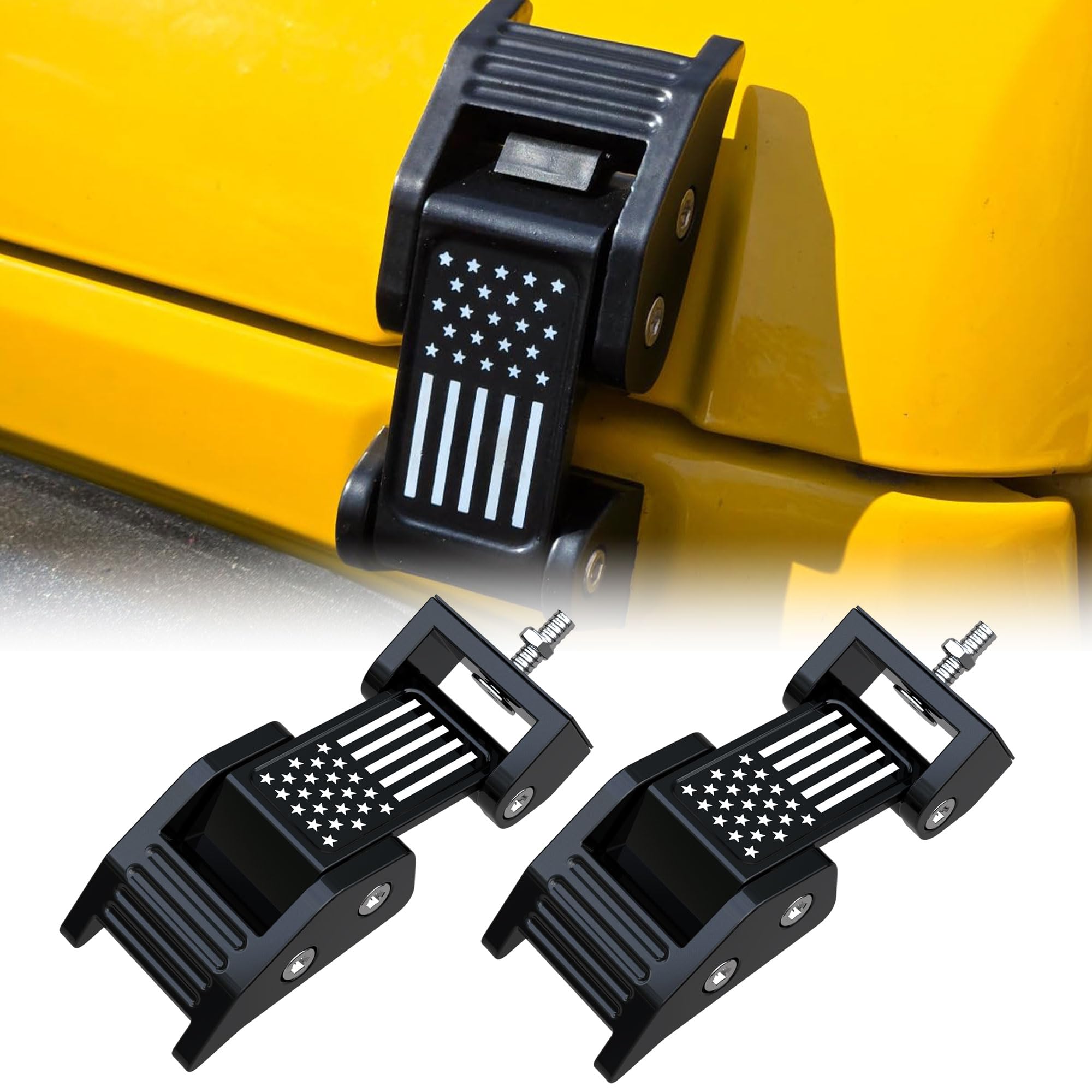 ASLONG 2PCS Aluminum Hood Latches with US Flag Design - Compatible with Jeep Wrangler JK/JKU (2007-2018) & JL/JLU/Gladiator JT (2018-2021) - Durable Hood Catch Kit for Off-Roading, Car Shows & Jeep Customization