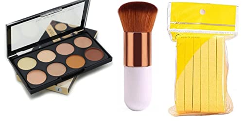 Sloane 8-Shade Highlighter & Contour Concealer Palette with Professional Foundation Brush - Face Makeup Kit with Blending Brush & Yellow Sponge (Multicolor) for Contouring, Highlighting & Full Face Makeup Application