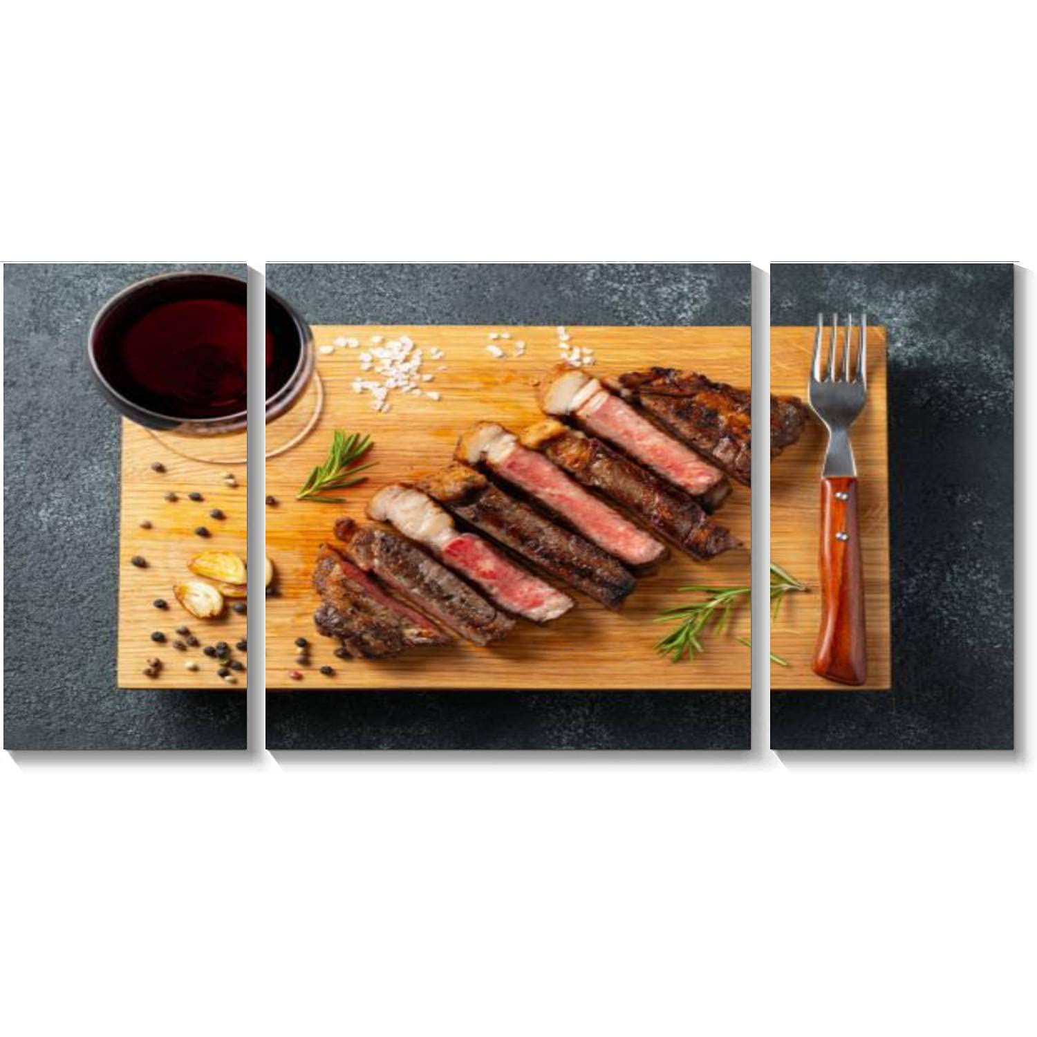 Premium 3 Panel Canvas Wall Art - Sliced Steak Striploin Grilled with Pepper Garlic Salt and Thyme - Framed Print Painting for Living Room & Bedroom - Ready to Hang Home Decor - Perfect for Dining Room & Kitchen Wall Art