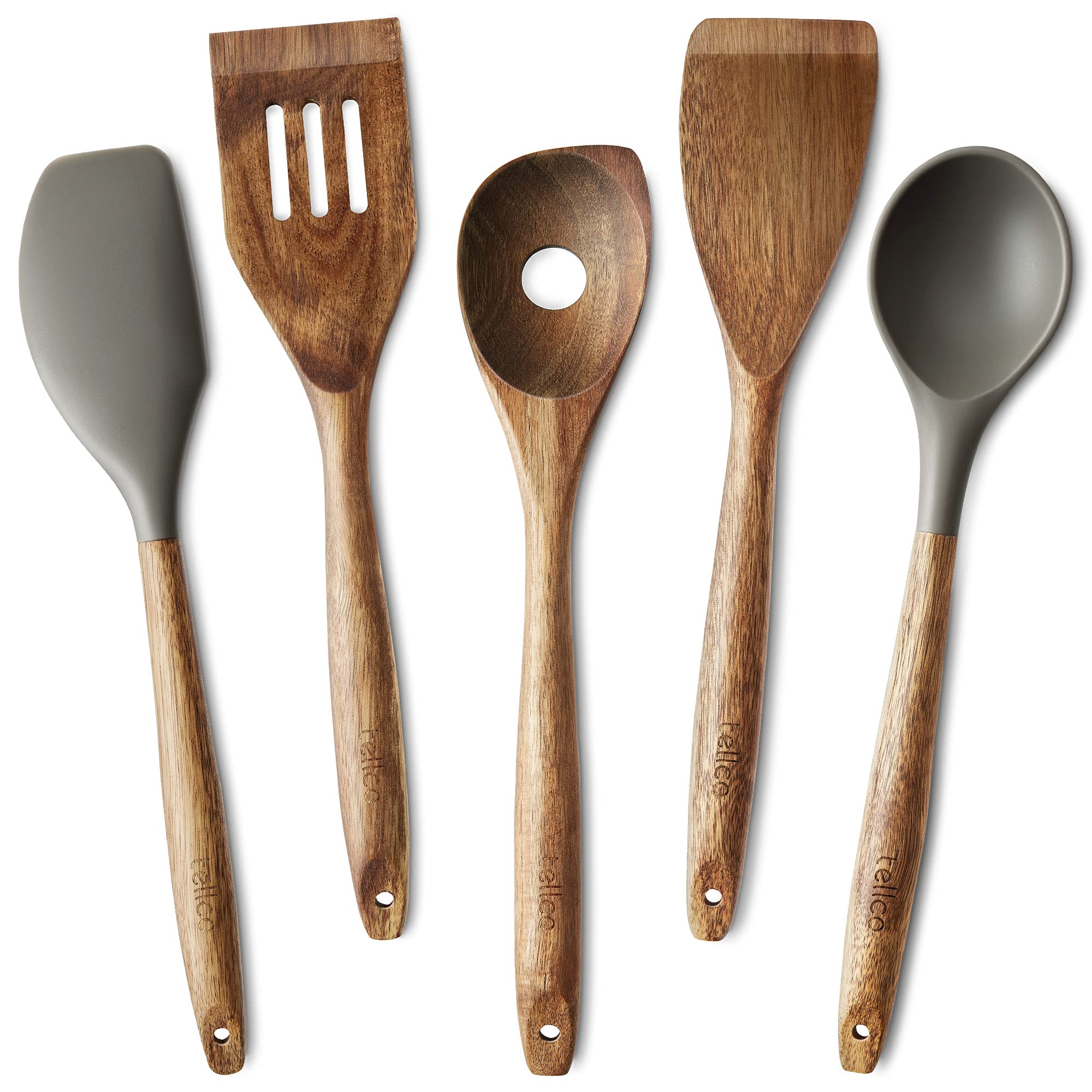 **5-Piece Natural Acacia Wood Kitchen Utensil Set - Silicone Spoon, Spatula, Slotted Turner, Flat Turner & Corner Spoon - Perfect for Cooking, Baking & Serving**