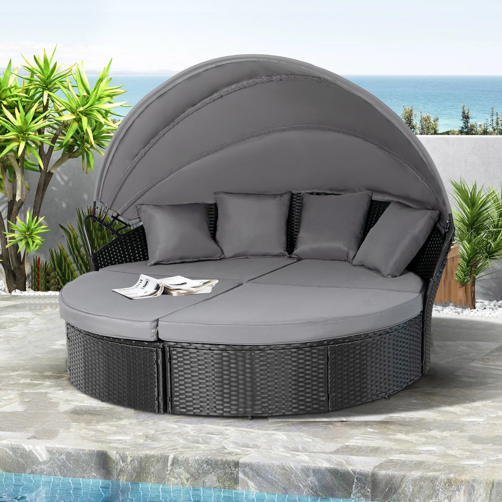 Crownland Outdoor Patio Canopy Bed - Round Wicker Daybed with Washable Cushions & Retractable Canopy, Clamshell Sectional Seating Furniture for Backyard, Porch, Poolside Relaxation (Black) - Perfect for Lounging, Sunbathing, and Outdoor Entertaining