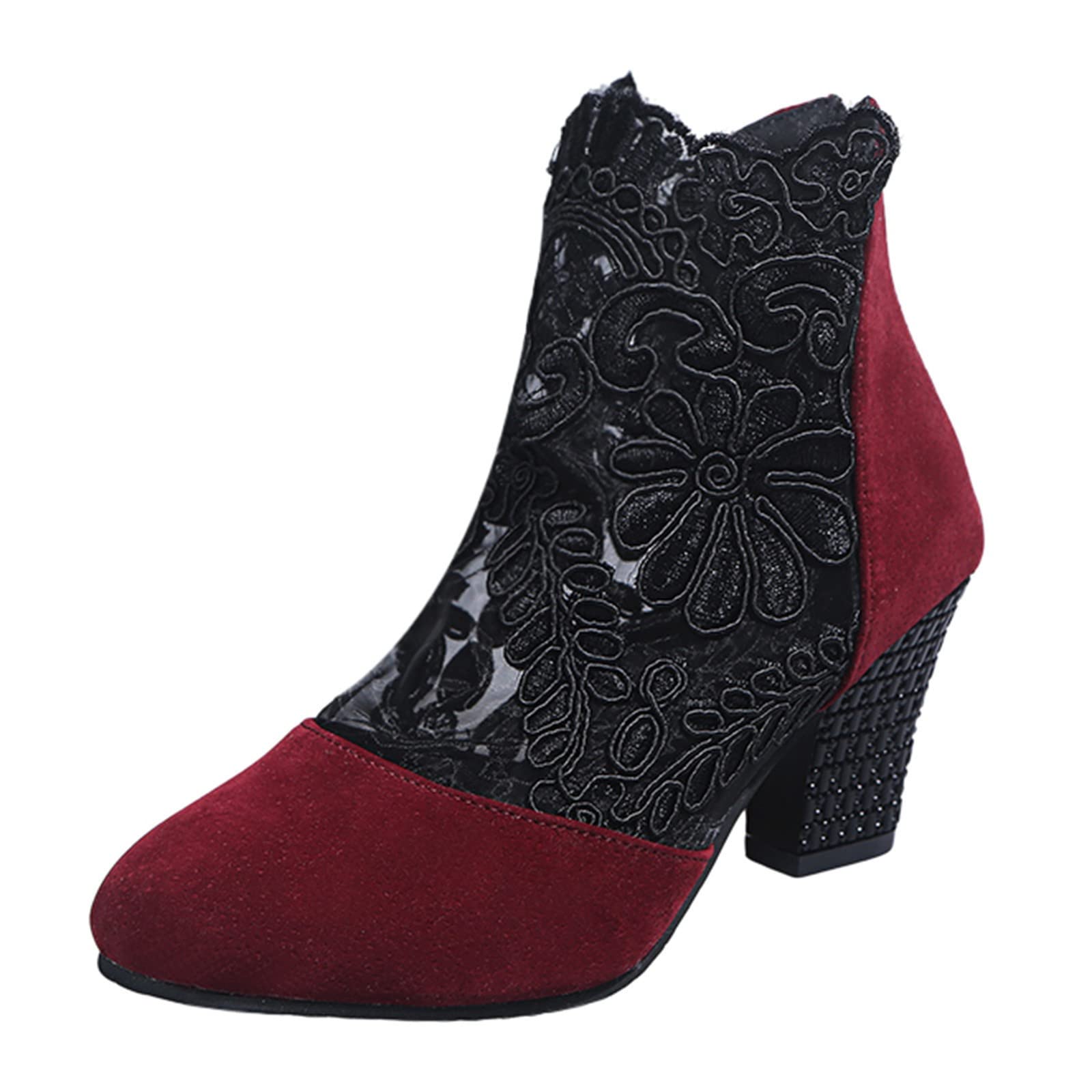 Women's Summer Sandals with Suede Square Heel, Zipper & Mesh Flower Design - Breathable High Heel Sandals for Casual Outings, Beach Trips & Date Nights