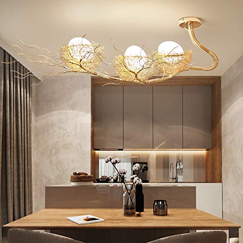 LITFAD 3-Light Egg-Shaped LED Chandelier - Modern Milk Glass Pendant Light with Metal Nest Design for Living Room, Bedroom, Restaurant & Cafe - Perfect for Dining Areas, Entryways and Commercial Spaces