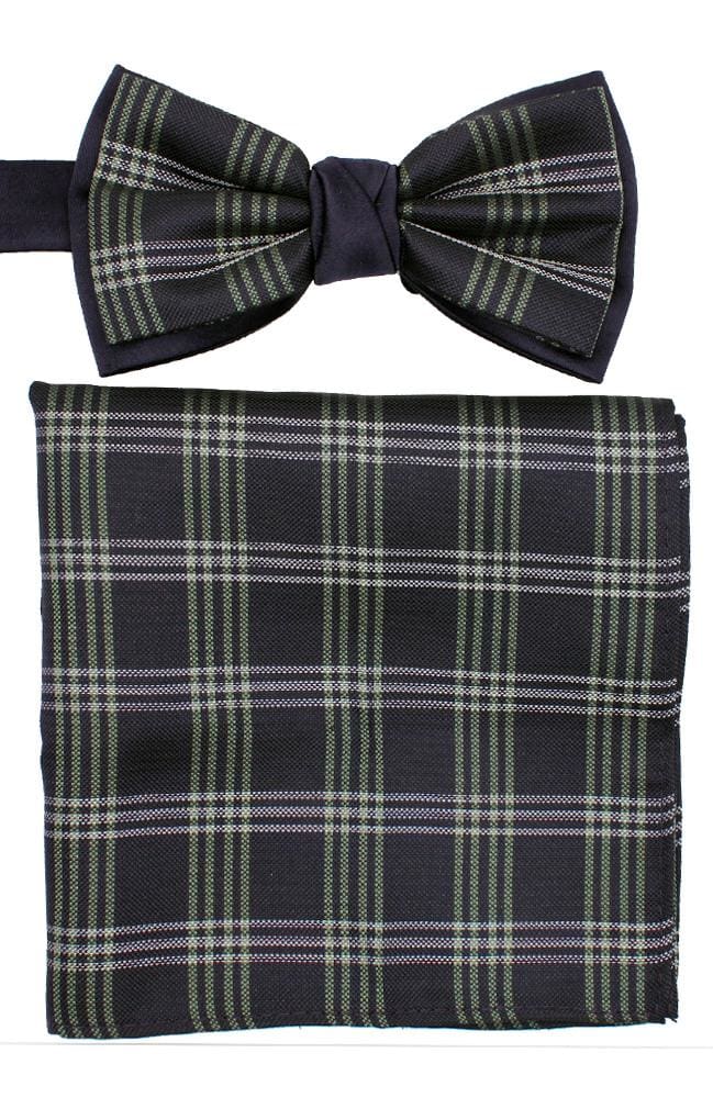Stylish Poly Green Navy Check Bow Tie and Hank Set for Men - Perfect for Weddings, Parties & Formal Events