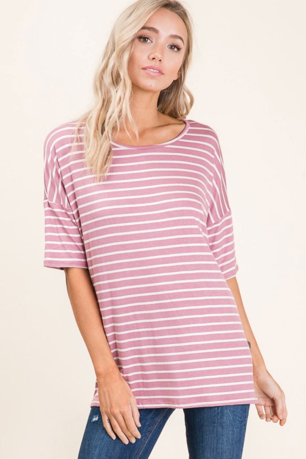 BOMBOM Striped Round Neck Half Sleeve T-Shirt for Women - Casual Summer Tee Shirts - Perfect for Outfits, Beach, Travel & Daily Wear