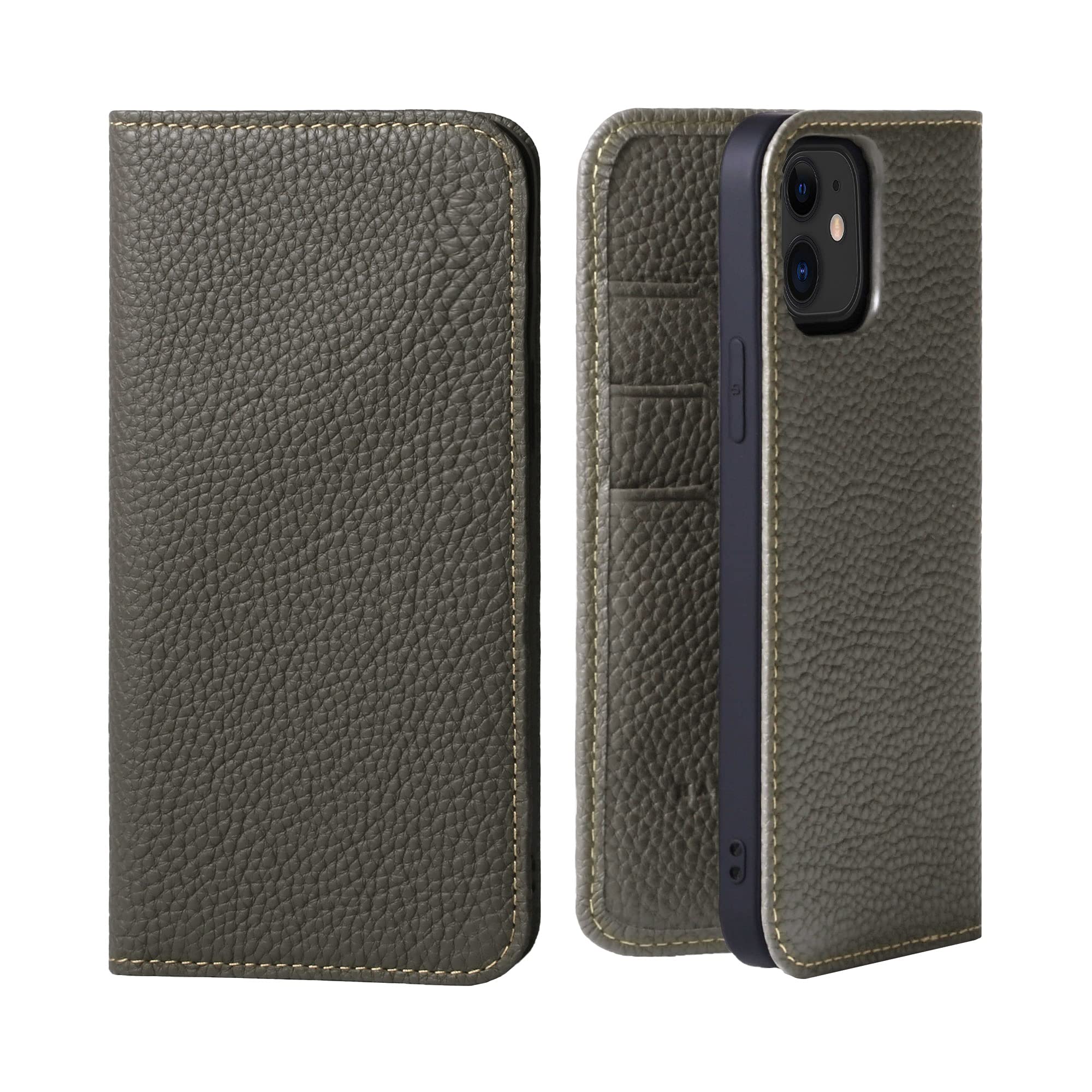 Hanatora Genuine Calf Leather Flip Case for iPhone 12/12 Pro with Card Slot - Olive Gray | Slim Protective Cover | Perfect for Business & Travel Use