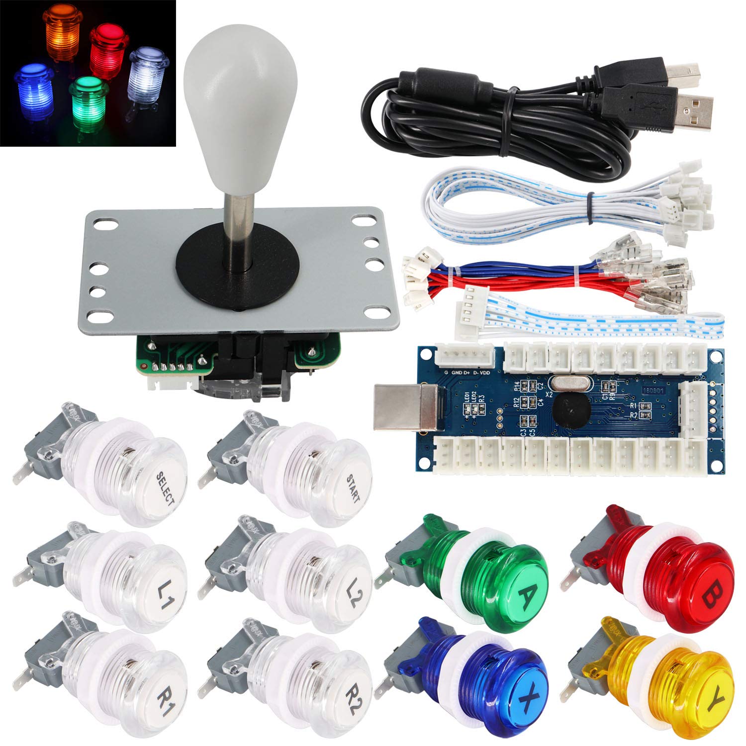 Arcade Game Stick DIY Kit with LED Buttons & USB Encoder for PC/MAME/Raspberry Pi - Gaming & Retro Setup