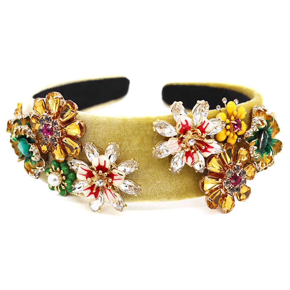 QTMY Women's Fashion Flower Pearl Crystal Headband - Wide Hair Hoop Head Accessory for Women & Girls - Elegant Yellow Headwear for Parties, Weddings & Special Occasions
