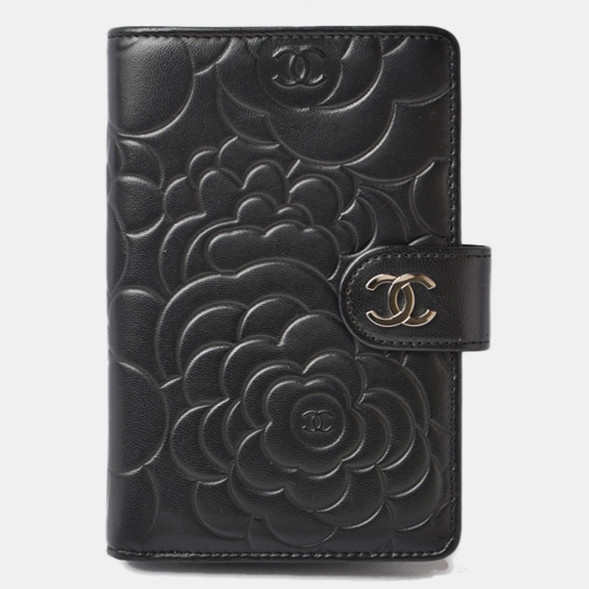 Black Leather Camellia Lambskin Small CC French Wallet - Luxury Women's Compact Wallet for Everyday Use, Travel & Gift Giving