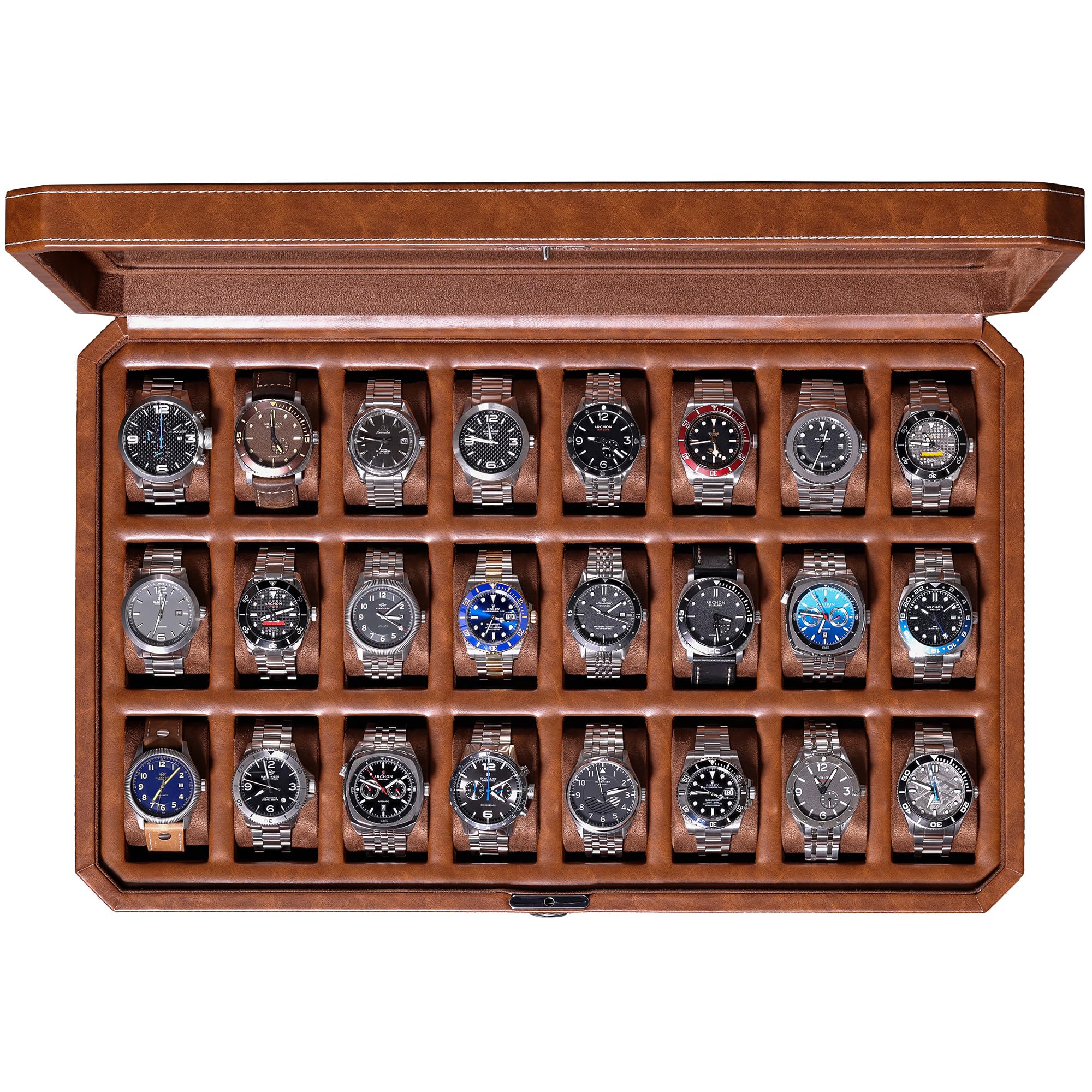 ROTHWELL 24 Slot Luxury Watch Box with Lock - Premium Leather Watch Case Organizer for Men | Real Glass Top Display | Collector's Storage for Rolex, Omega & More | Perfect for Home, Office & Travel (Tan/Brown)